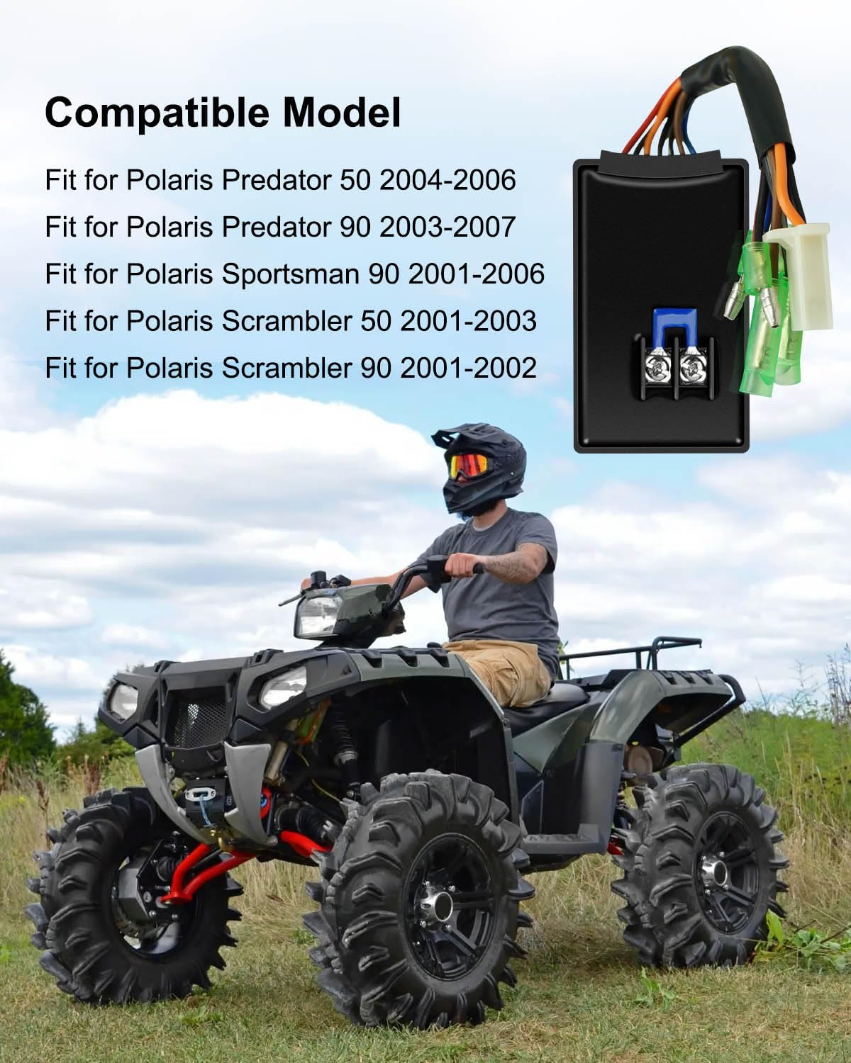 5PCS CDI Box Ignition Coil Kit Fit for Polaris Sportsman 90 Scrambler 90 50 Predator 50 90 2001-2007 with Voltage Regulator Rectifier Spark Plug & Starter Relay Solenoid Replace 0451018 0452187 image number 2