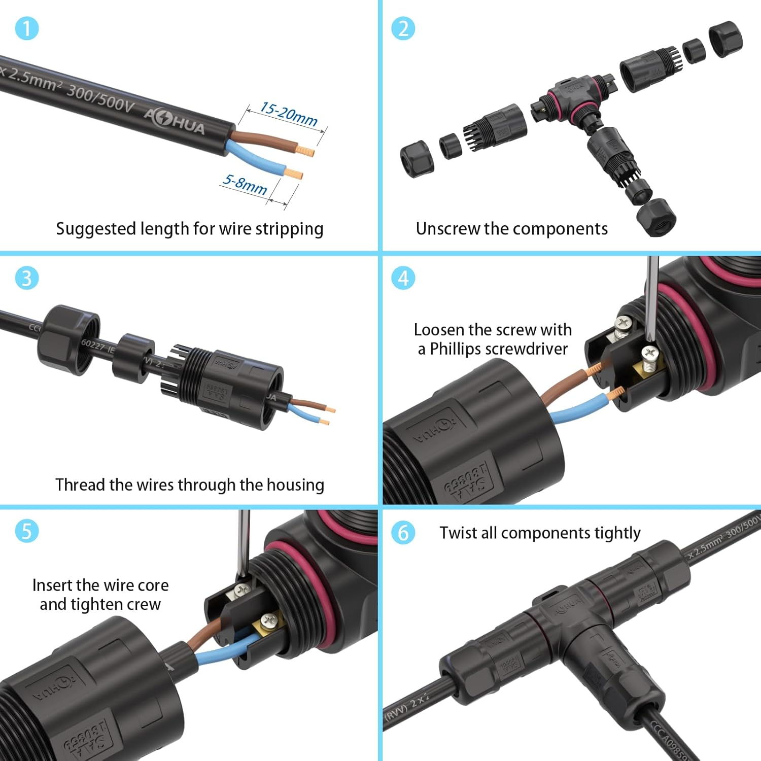 AOHUA 3 Way Junction Box, M23 3-Pin Connector, 500V/35A, IP68 T Shape Waterproof Electrical Wire Connector for &Oslash;10-15Mm Cable, Ul/Saa/Ce/Rohs Certified (1-Pack)(Ah-M23-3503T01122) image number 6