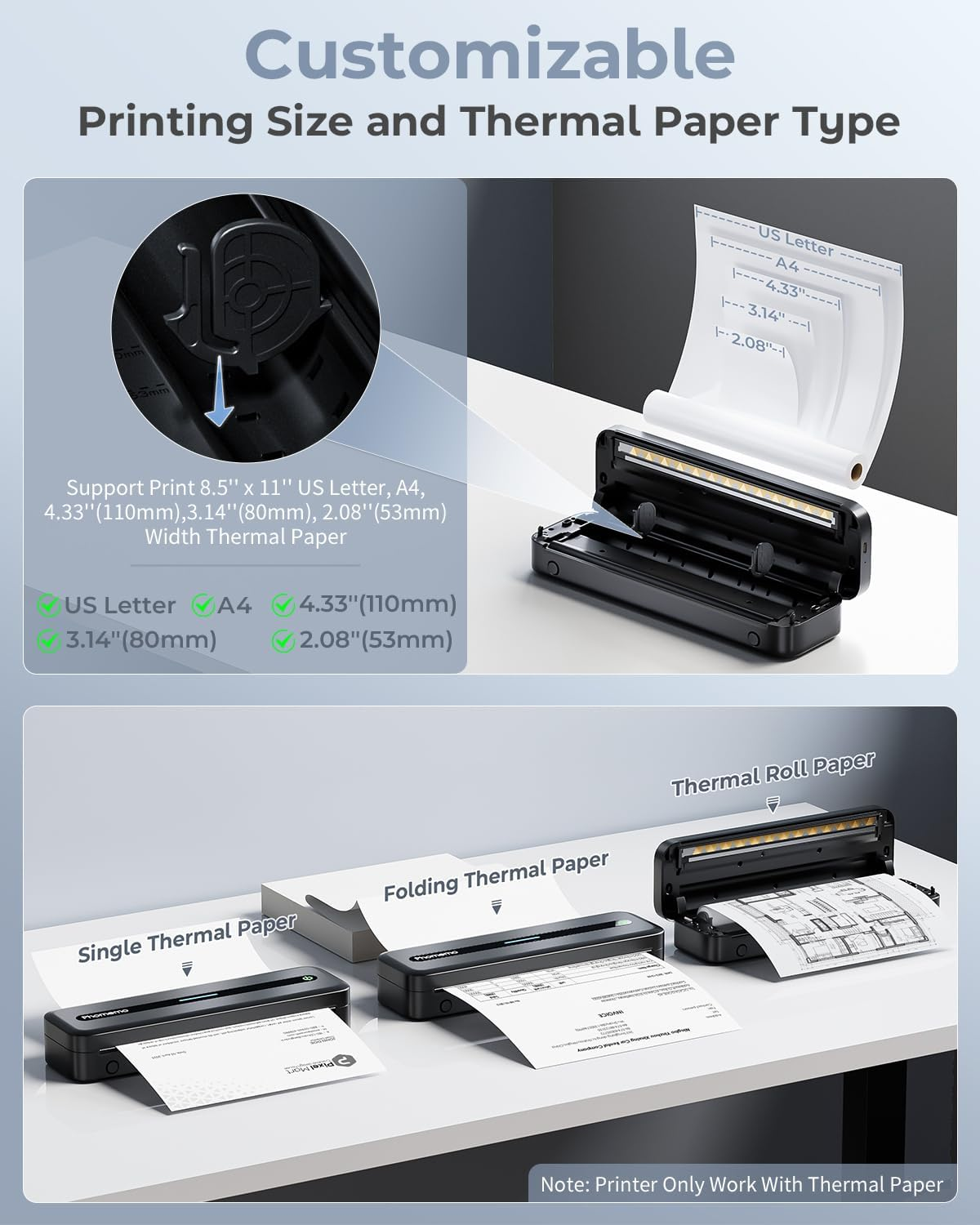 Phomemo M832 Portable Thermal Printer, Bluetooth Wireless Printer for Travel, Home, Office, Outdoors, Support 2&rsquo;&rsquo;, 3&rsquo;&rsquo;, 4&rsquo;&rsquo; and A4 Thermal Paper, Compatible with Android and Ios, Black, 300Dpi