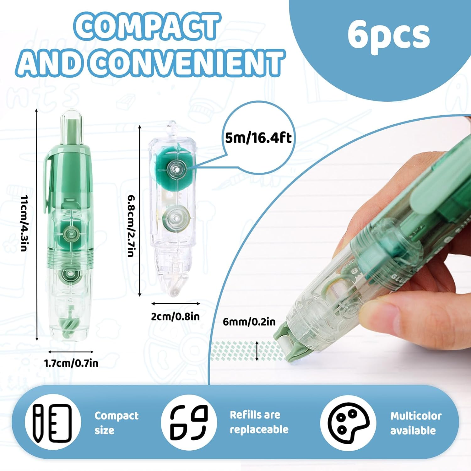 Huakaile 4 Pack 0.23" X 16 Ft Double Sided Tape Roller with 6 Refills, Retractable Glue Tape Roller Adhesive Tape Runner for Scrapbooking Journaling School Office Supplies image number 4