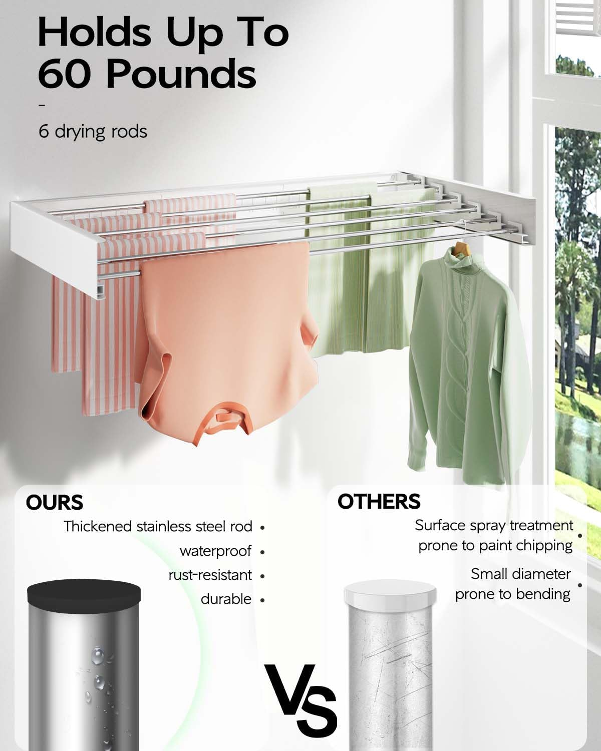 Vikaqi Wall Mounted Clothes Drying Rack 100 CM, Foldable Wall Mount Laundry Rack Folding Indoor, Drying Rack Clothing Collapsible, Towel Rack with Wall Template, 6 Rods, White image number 5