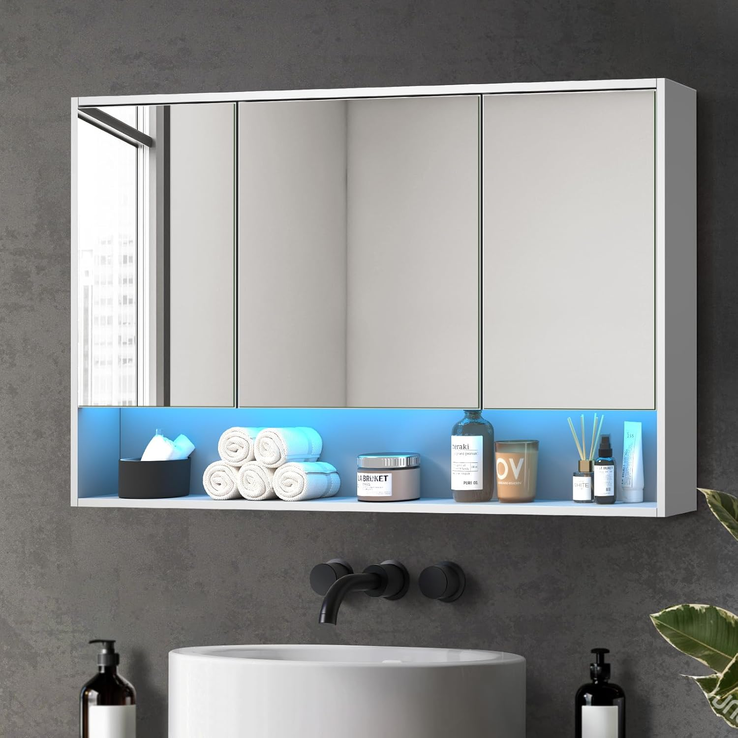 OIKITURE Bathroom Mirror Cabinet with 16 LED Lighted Colours, Bathroom Cabinet with Closed and Opened Wall Mount Storage Shelves, Cupboard Shower Mirror, White, 75&times;75Cm