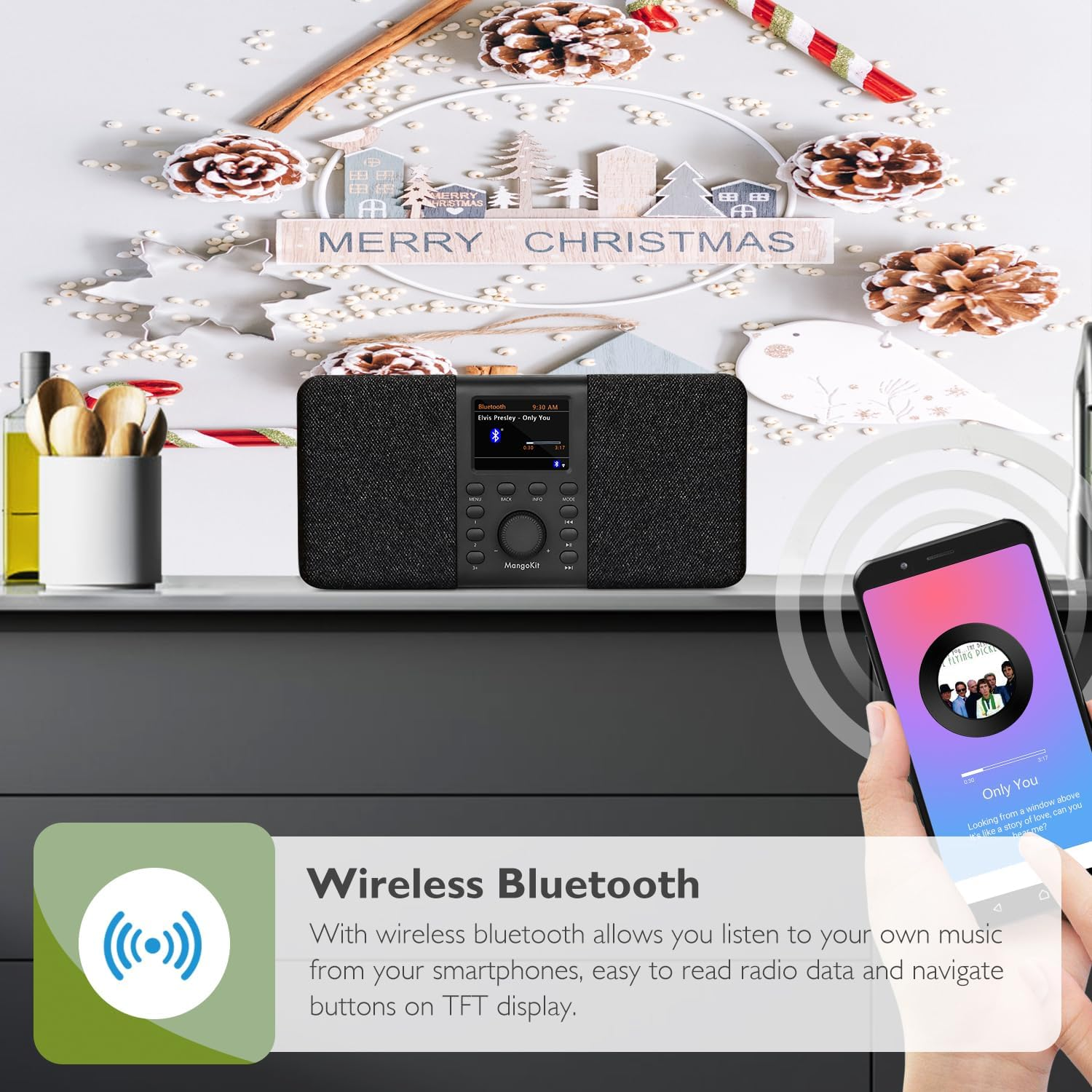 SR20 Smart Internet Radio with Wifi,Podcast Player, Bluetooth Speaker,Portable FM Radio,Mains and Battery Powered Radio,Stereo Sound,Color Display,Dual Alarms, Presets,App Control-Black image number 2