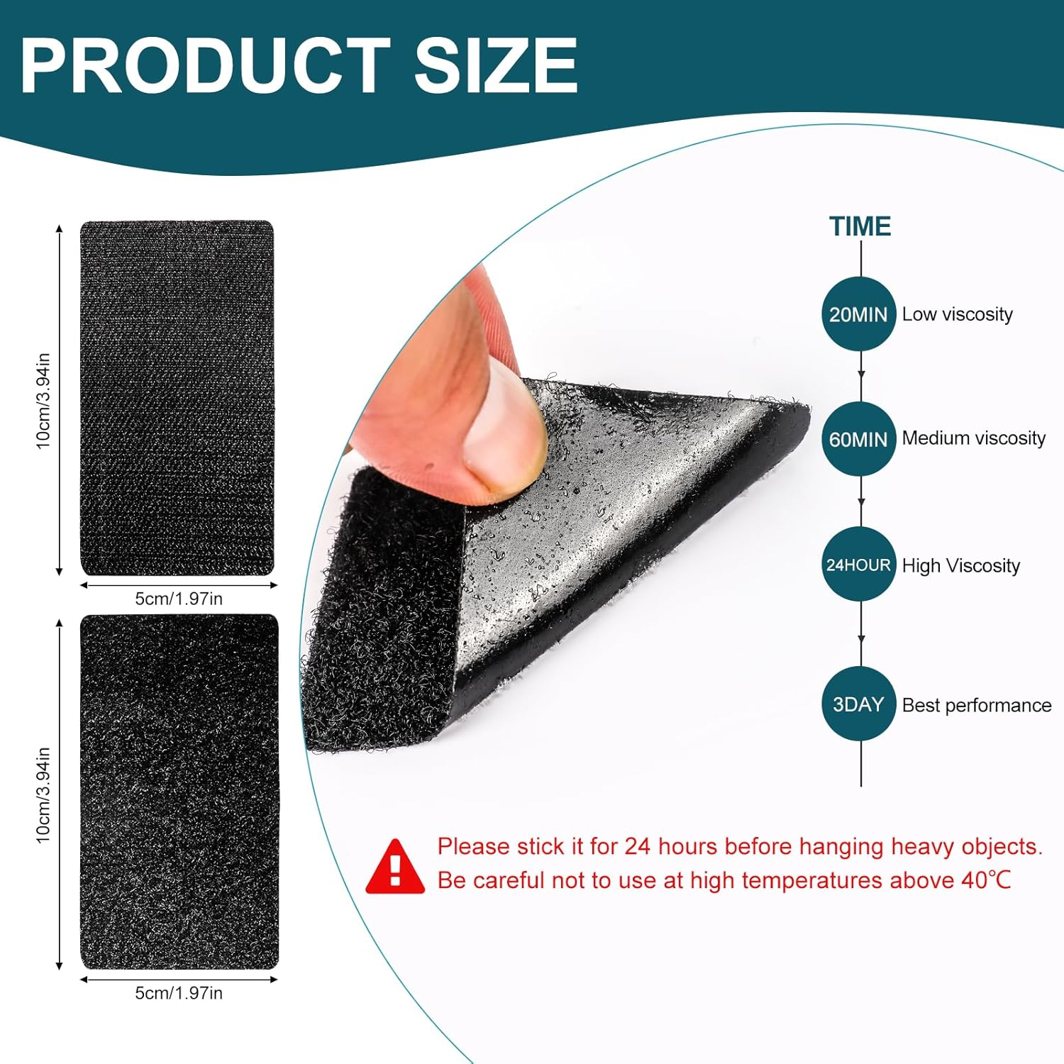 20Pcs 50Mmx100Mm Double Sided Sticky Pads, Extra Sticky Hook and Loop Tapes, Strong Heavy Duty Adhesive Sticky Back Pads for Mounting or Organizing Car Floor, Mats, Carpet Mirror (Black) image number 3