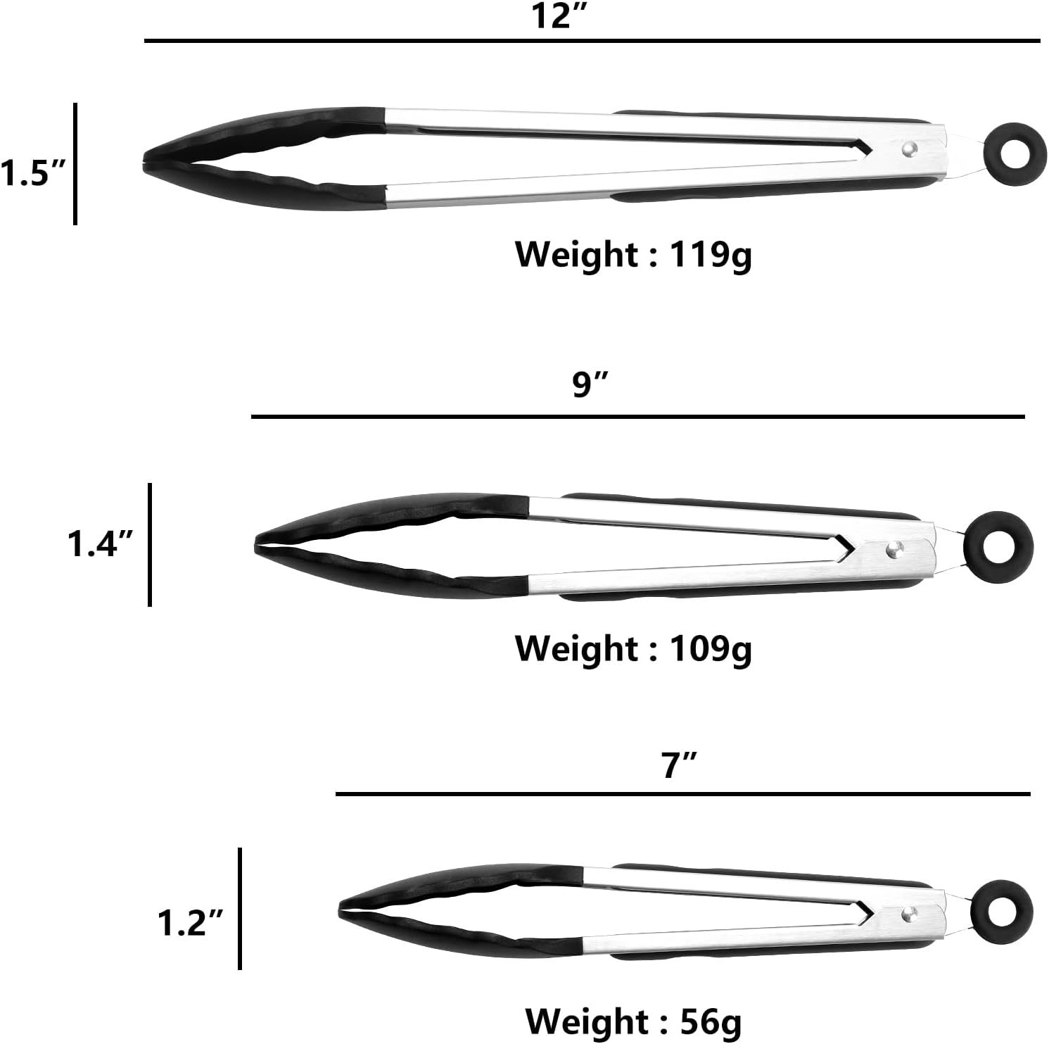 3 Pack Black Kitchen Tongs, Heat Resistant Silicone Tongs, Anti-Slip Stainless Steel BBQ Tongs, Kitchen Essentials for Cook, 7",9" and 12" image number 6