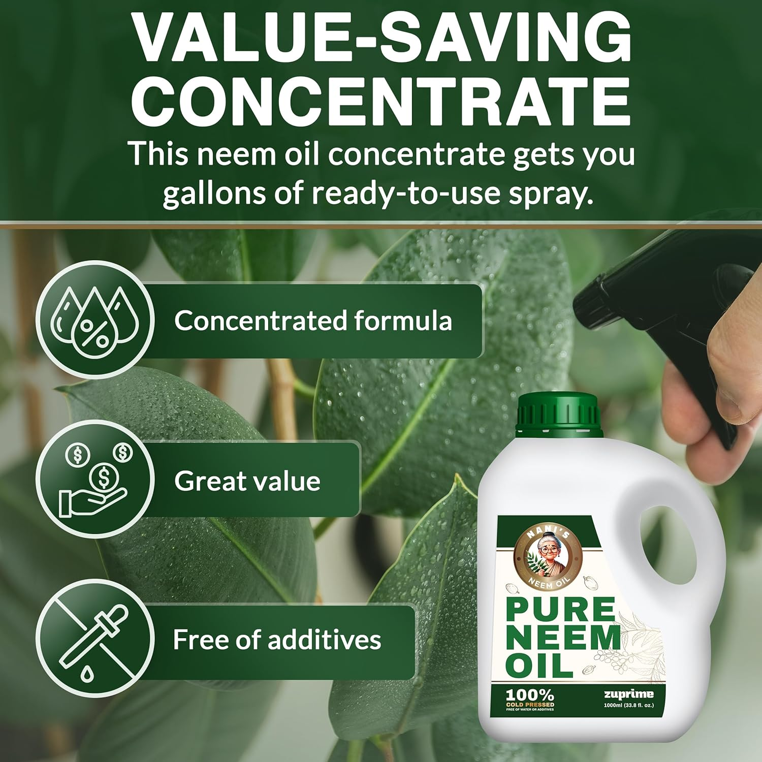 Nani'S Pure Neem Oil for Plants Concentrate - Dilute for Use as Organic Neem Oil Spray for Plants, Outdoor & Indoor Use - 100% Cold Pressed - Horticultural Enhanced Plant Health & Shine Need (34 Oz)