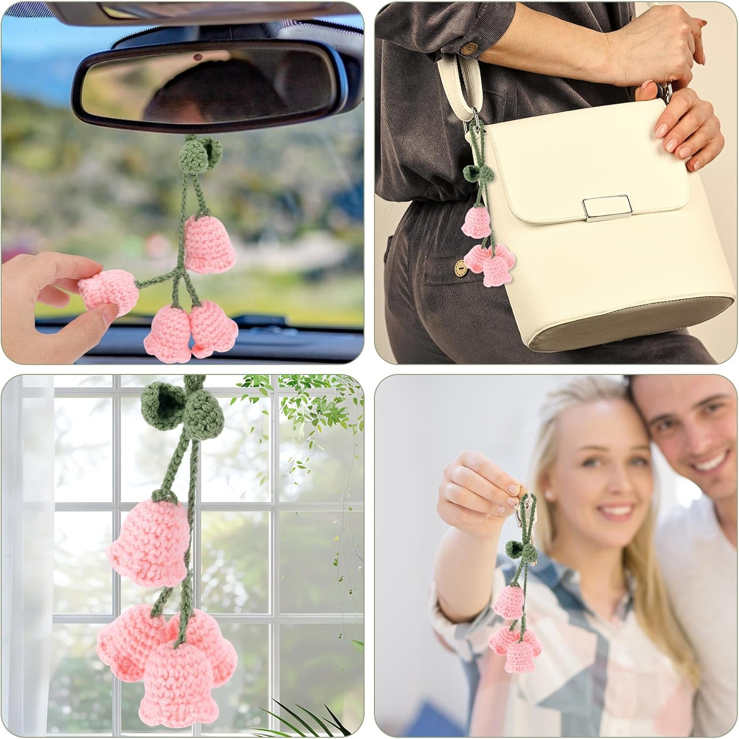 2Pcs Crochet Lily of the Valley Car Accessories, Cute Floral Rear View Mirror Hanging Decor Knitted Pendant for Women Perfect for Personalizing Your Car Interior (Pink) image number 6