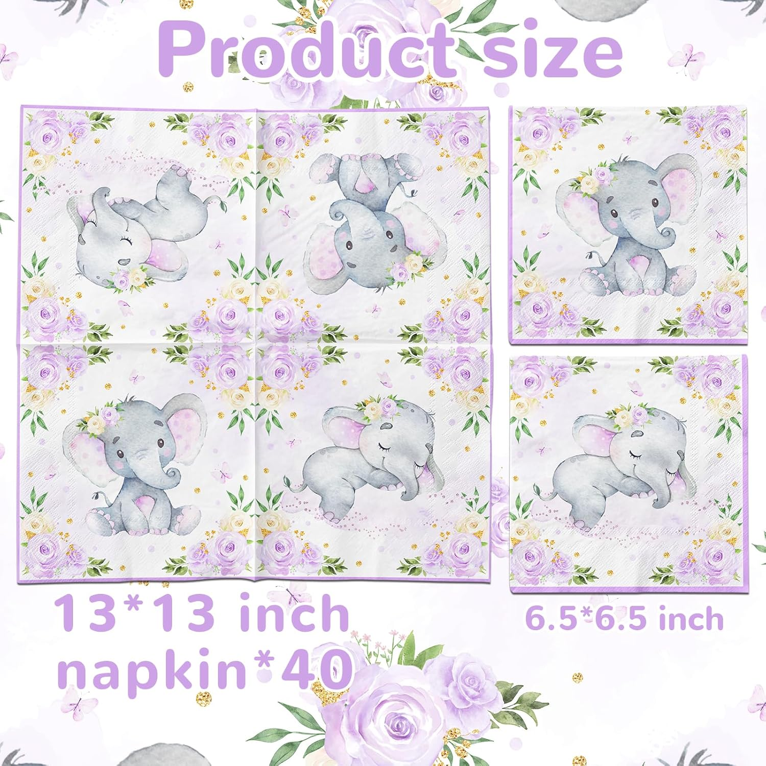 Juweked 40Pcs Lilac Elephant Baby Shower Napkins for Girl - 2-Ply Paper Napkins - 6.5" X 6.5" (Folded), 13" X 13" (Unfolded) - Baby Shower Decorations image number 2