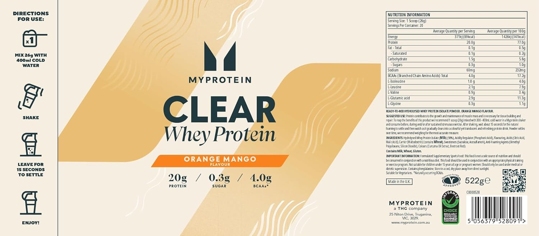 Myprotein Clear Whey Isolate Protein Powder - Orange Mango - 488G / 20 Servings - Cool and Refreshing Whey Protein Shake Alternative - 20G Protein and 4.5G BCAA per Serving