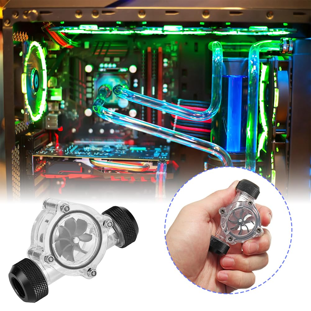 Water Flow Indicator, Water Cooling Flow Meter Indicator 8 Impellers Fan PC Computer Water Cooling System Revolving Speed Flow Meter for Cooler Chiller G1/4" Fittings(Black)