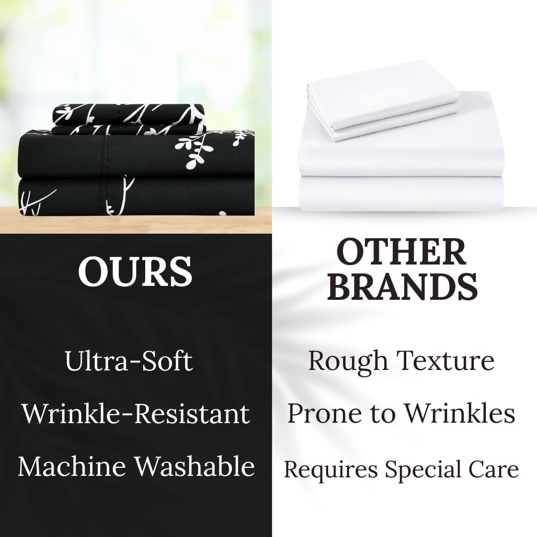 Spirit Linen Home King Size Sheets Set - Pure Microfiber 4 Piece Polyester Bed Sheets, Fitted Sheet & Pillow Cases - King Sheets for All Seasons (Foliage Black/White, King)