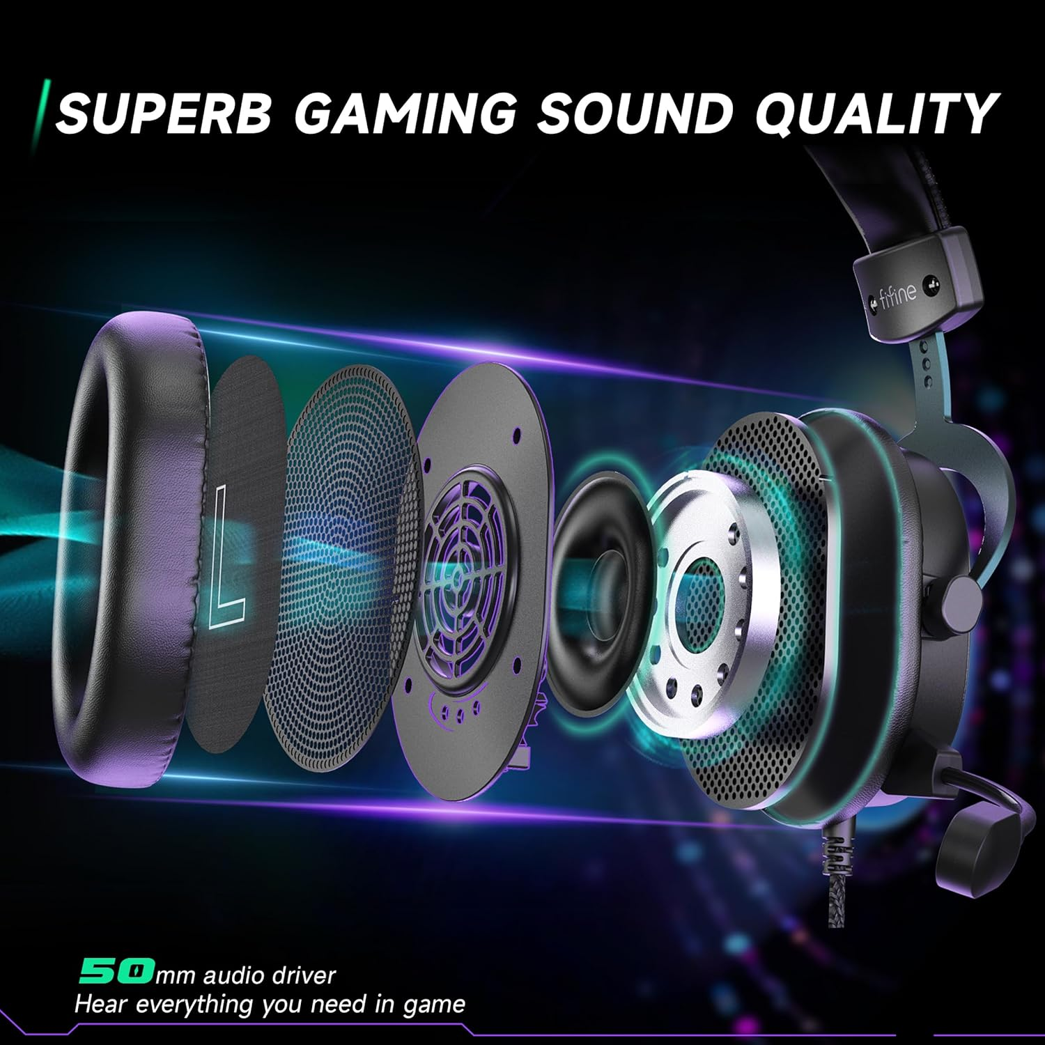 FIFINE Gaming Headset with Microphone, over Ear Headphones with Cable, USB Headset for PC PS4 PS5 Xbox Switch, RGB Headphone with 7.1 Surround Sound and Ear Pads image number 2