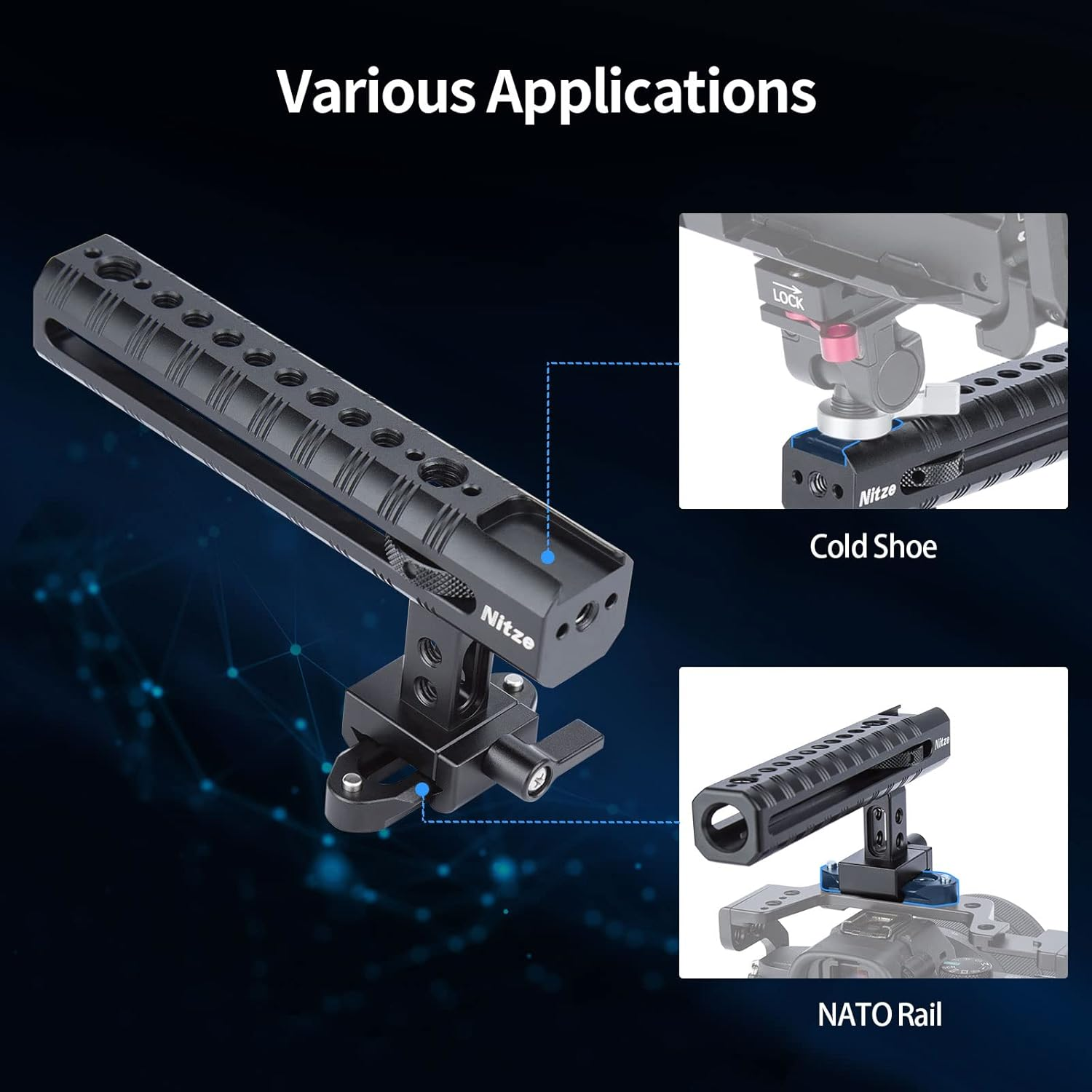 Nitze NATO Top Handle, NATO Handle with NATO Rail, Camera Top Handle, Adjustable Top Handle with Cold Shoe and Multiple Mounting Holes - PA17 image number 6