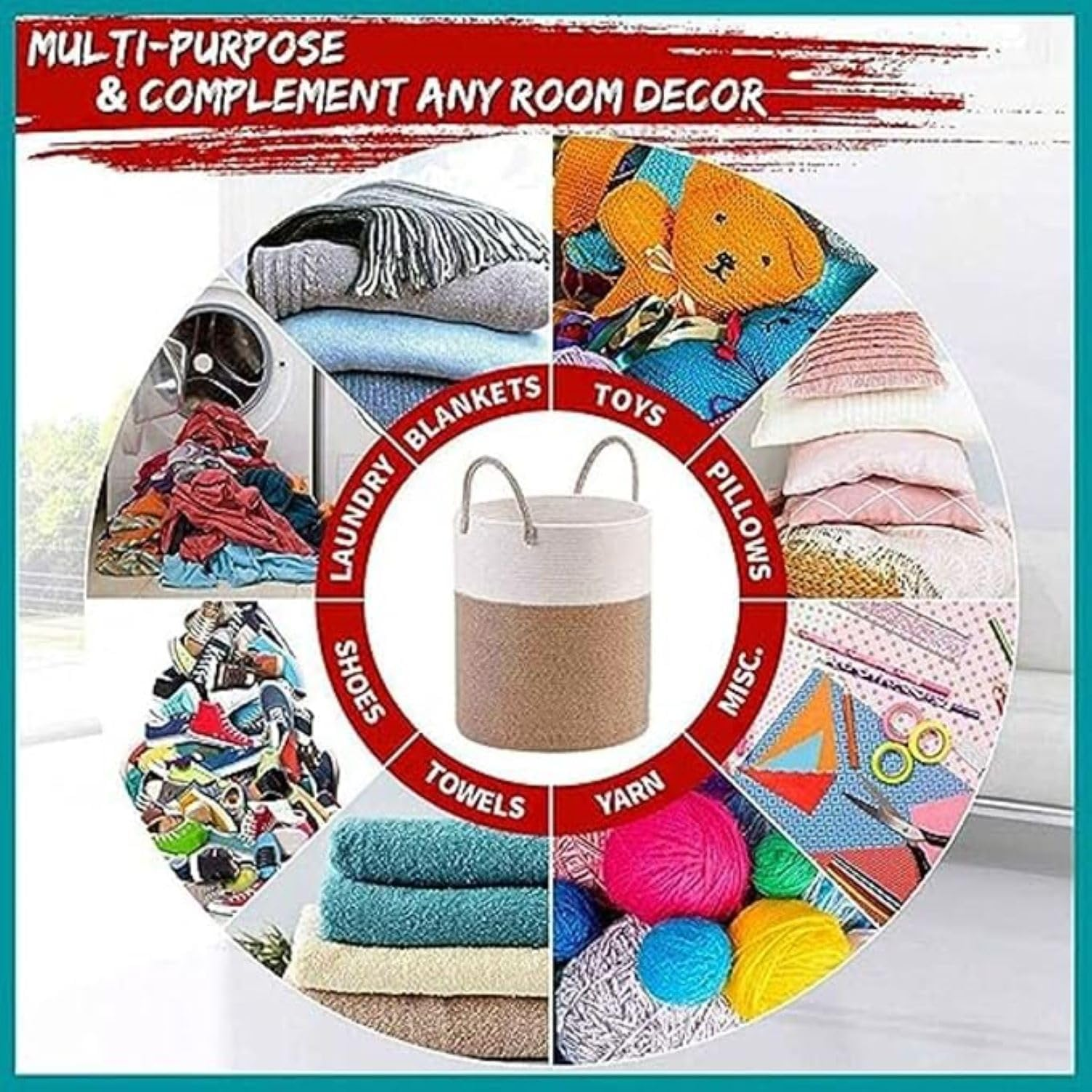 Cotton Rope Blanket Basket, Storage Baskets for Organizing Woven Laundry Basket & Nursery Hamper Large Basket for Blankets & Toy Basket, Collect Objects, Toned Brown image number 3