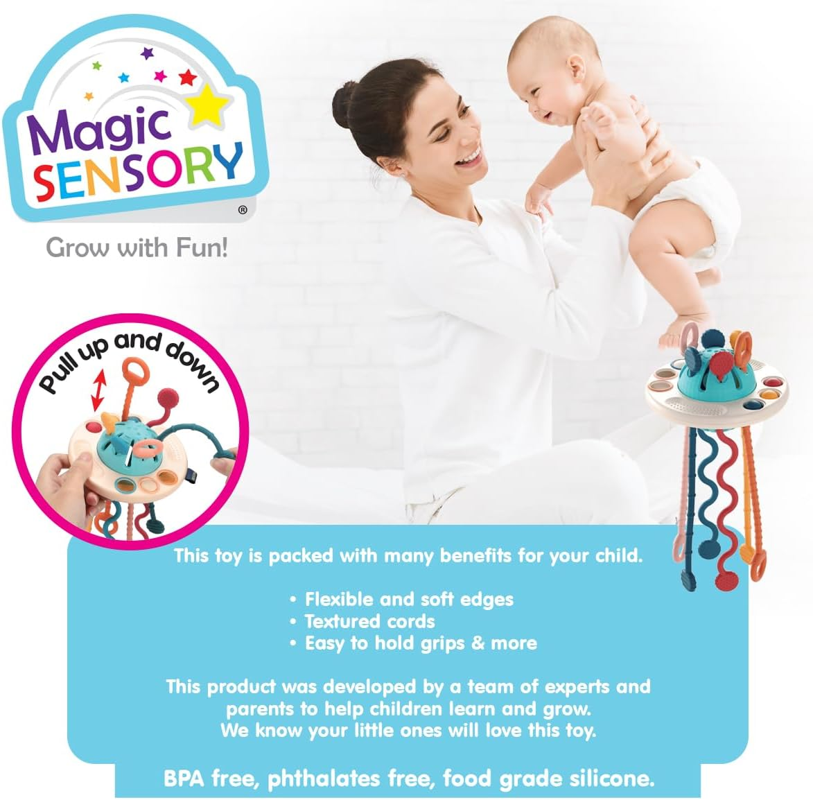 UFO Teething Toy &ndash; Baby Teething Toys for Toddlers 18+ Months, Flying Saucer Montessori Sensory Toys with Soft Silicone Chewy Tubes, Pull String Baby Toys &ndash; Bpa-Free & Travel-Friendly image number 3