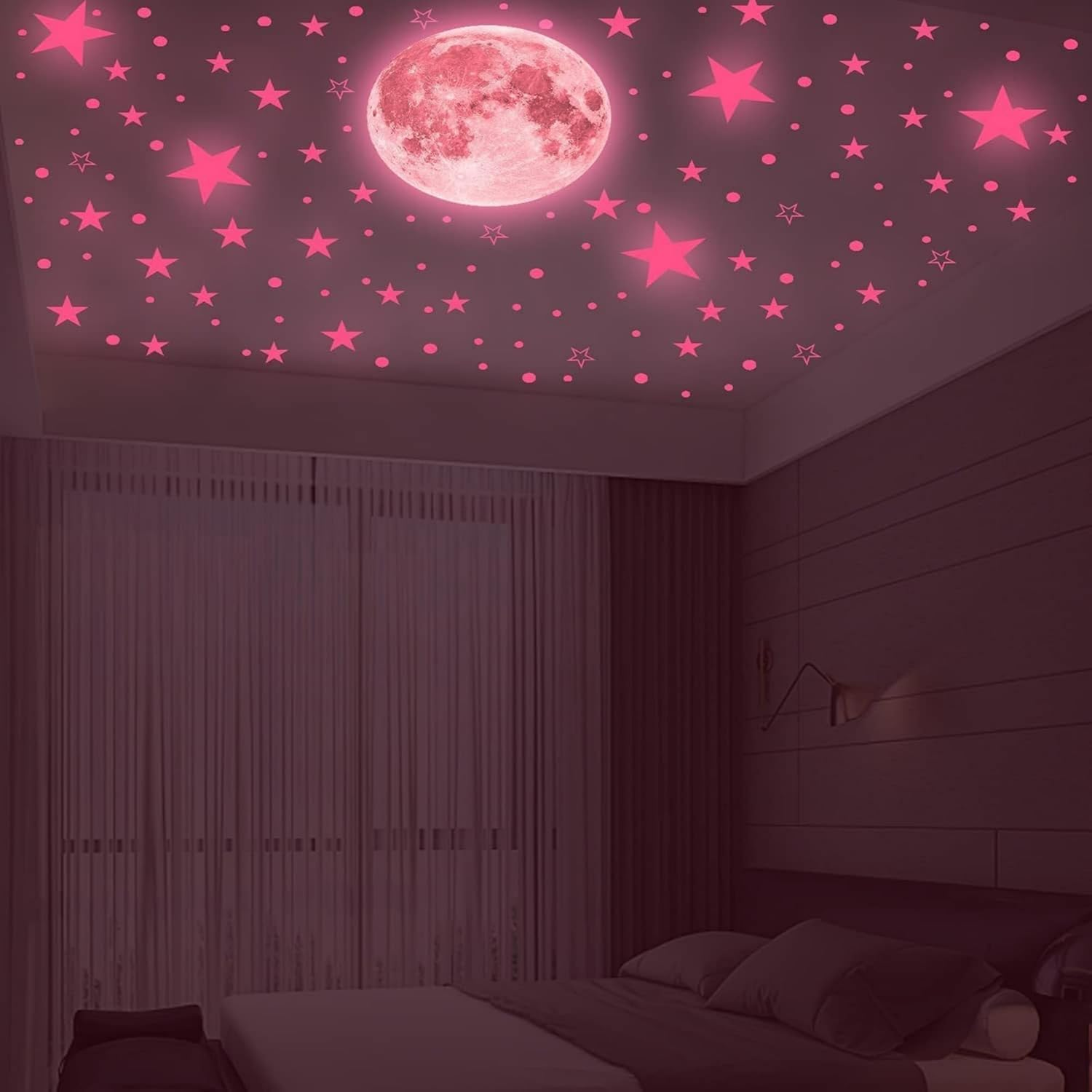 Glow in the Dark Stars and Moon Wall Decals - Pink Galaxy Stickers for Kids Bedroom Ceiling, Nursery Decor - Ideal Halloween Decoration & Christmas Stocking Stuffer for Girls & Boys image number 3