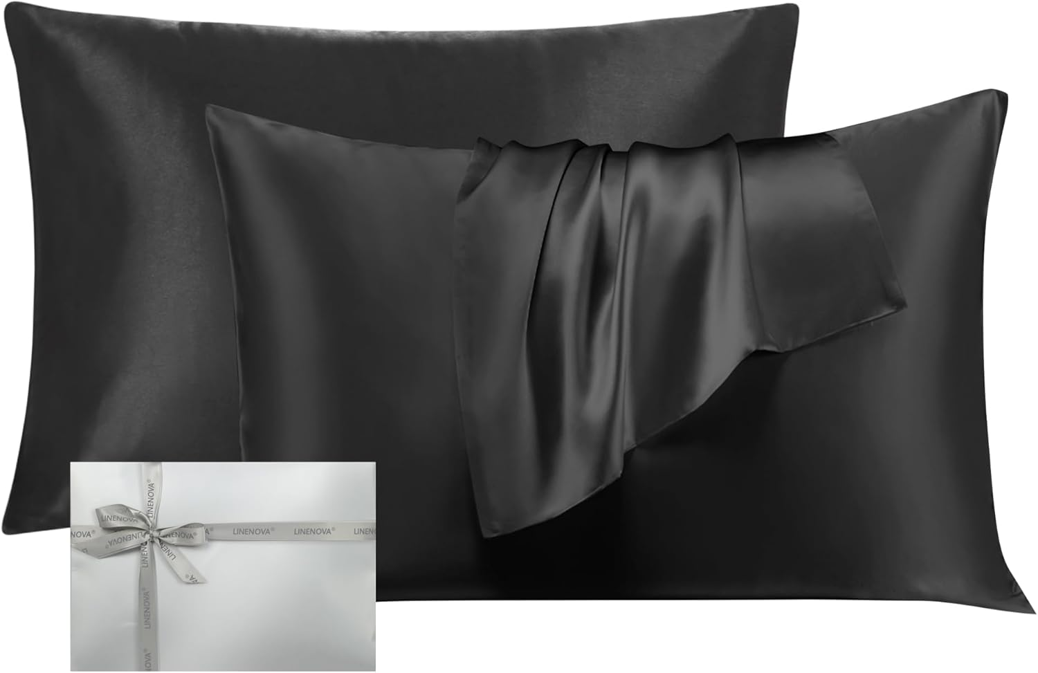 LINENOVA 100% Mulberry Silk Pillowcase for Hair and Skin, Both Sides 22 Momme Silk Queen Pillow Cover, Smooth Breathable Black Pillow Case with Hidden Zipper, Gifts for Women 1 Pack(50 * 75Cm)
