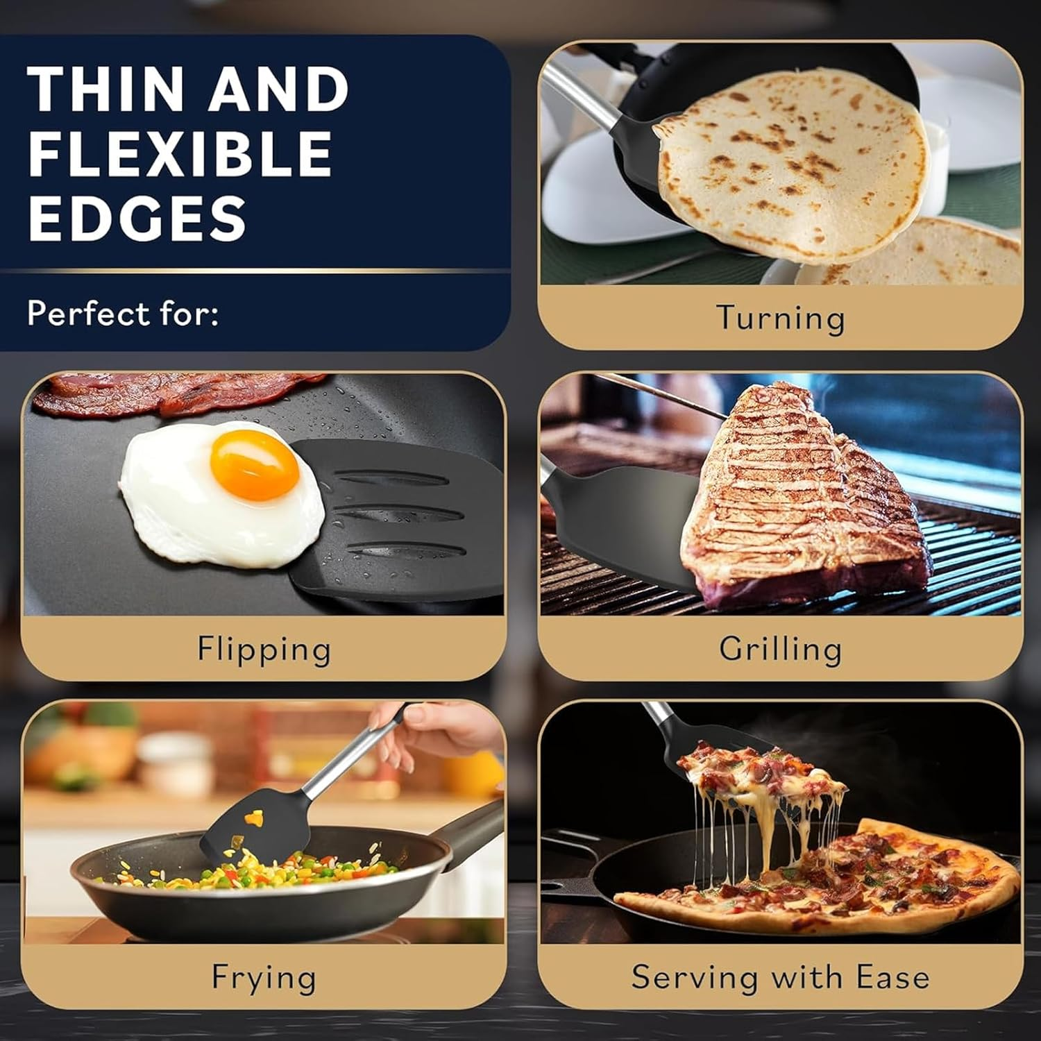 Pack of 3 Silicone Spatula Set Non Stick Slotted Kitchen Spatulas- Stainless Steel High Heat Resistant Solid & Slotted Turner, BPA Free Cookware for Pancakes, Fish, Eggs image number 6