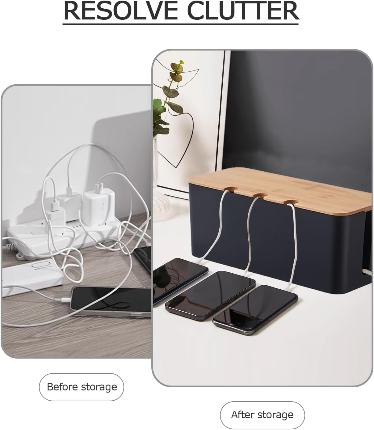 WADY Cable Management Box, Bamboo Cover Cable Management Box, Wires Keeper Holder, Cord Organizer for Desk TV Computer USB Hub System to Cover and Hide & Power Strips & Cords (Black, Small) image number 2