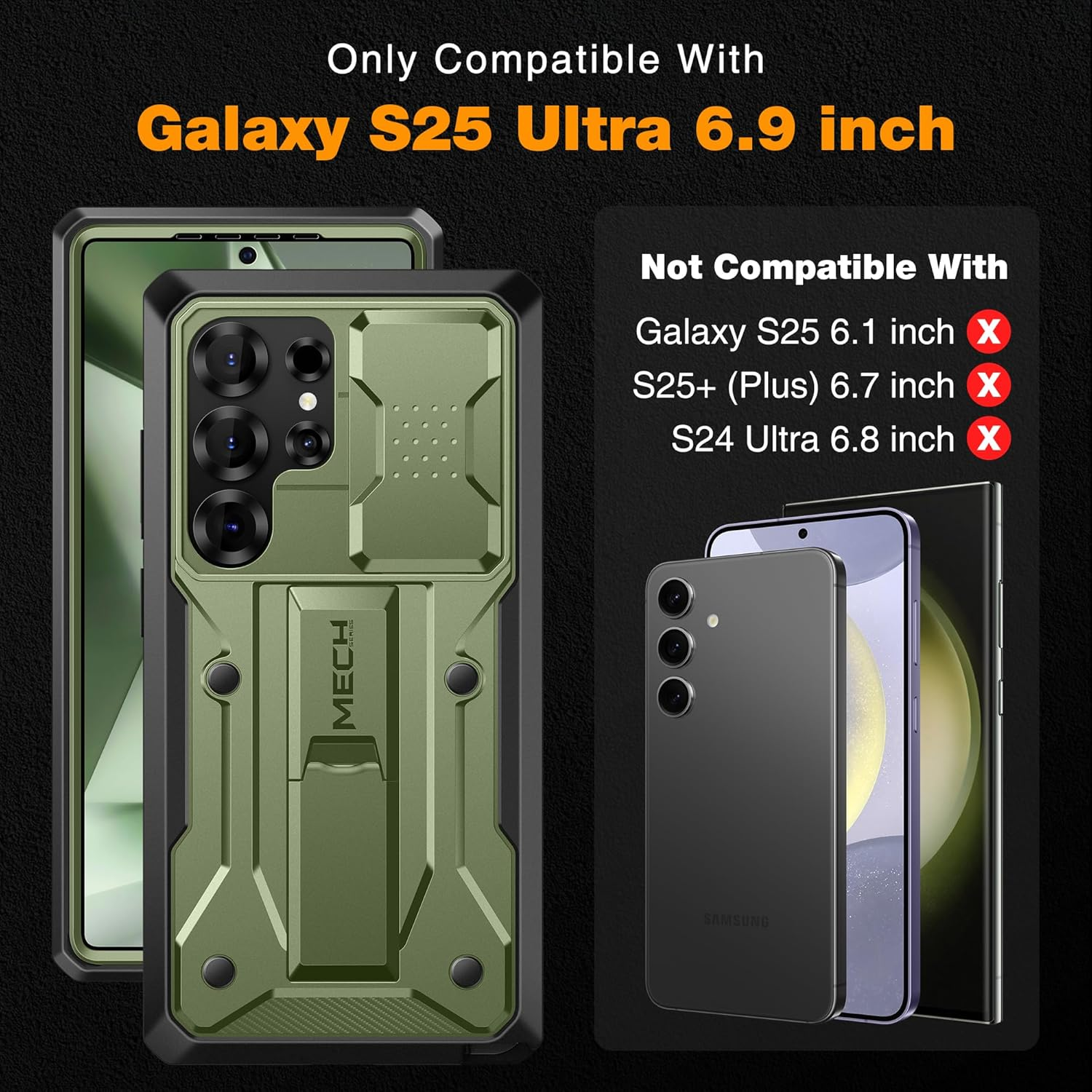 TONGATE Compatible with Samsung Galaxy S24 Ultra Case, [Bulit-In Screen Protector & Slide Camera Cover] [2 Front Frame] Military Grade Shockproof Phone Case with Kickstand & Belt-Clip 6.8", Green