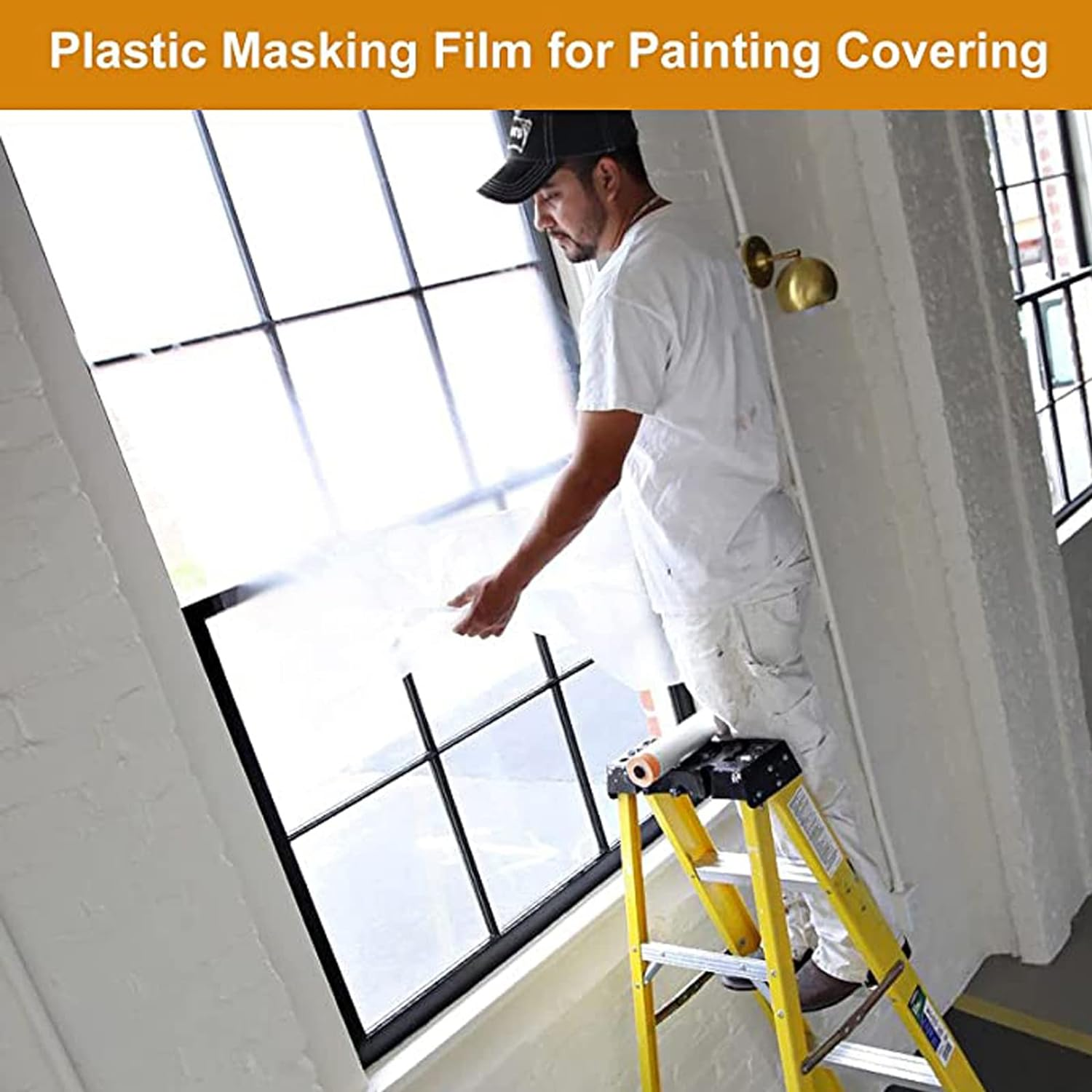 2-Roll 65.5Ft Indoor Pre-Taped Masking Film, Pretaped Plastic Masking Film for Automotive Painting Covering, Adhesive Plastic Painting Drop Film, Automotive Best Masking Tape Paint,65.6-Feet/Pack image number 4