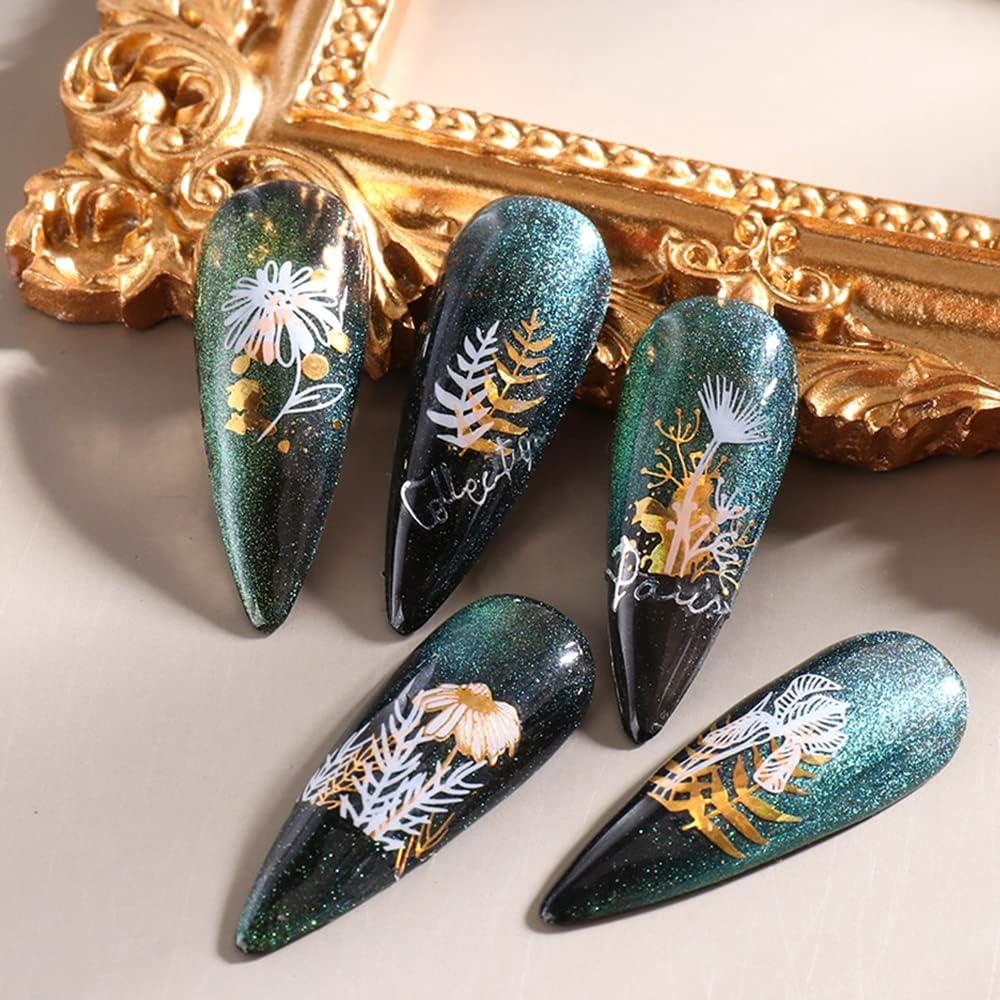 Flower Nail Stickers, 3D Metal Gold Spring Nail Decals Metallic Gold White Cherry Blossoms Leaves Bees Flowers Spring Nail Art Design DIY Nail Decoration for Women Kids(9 Sheets) image number 2