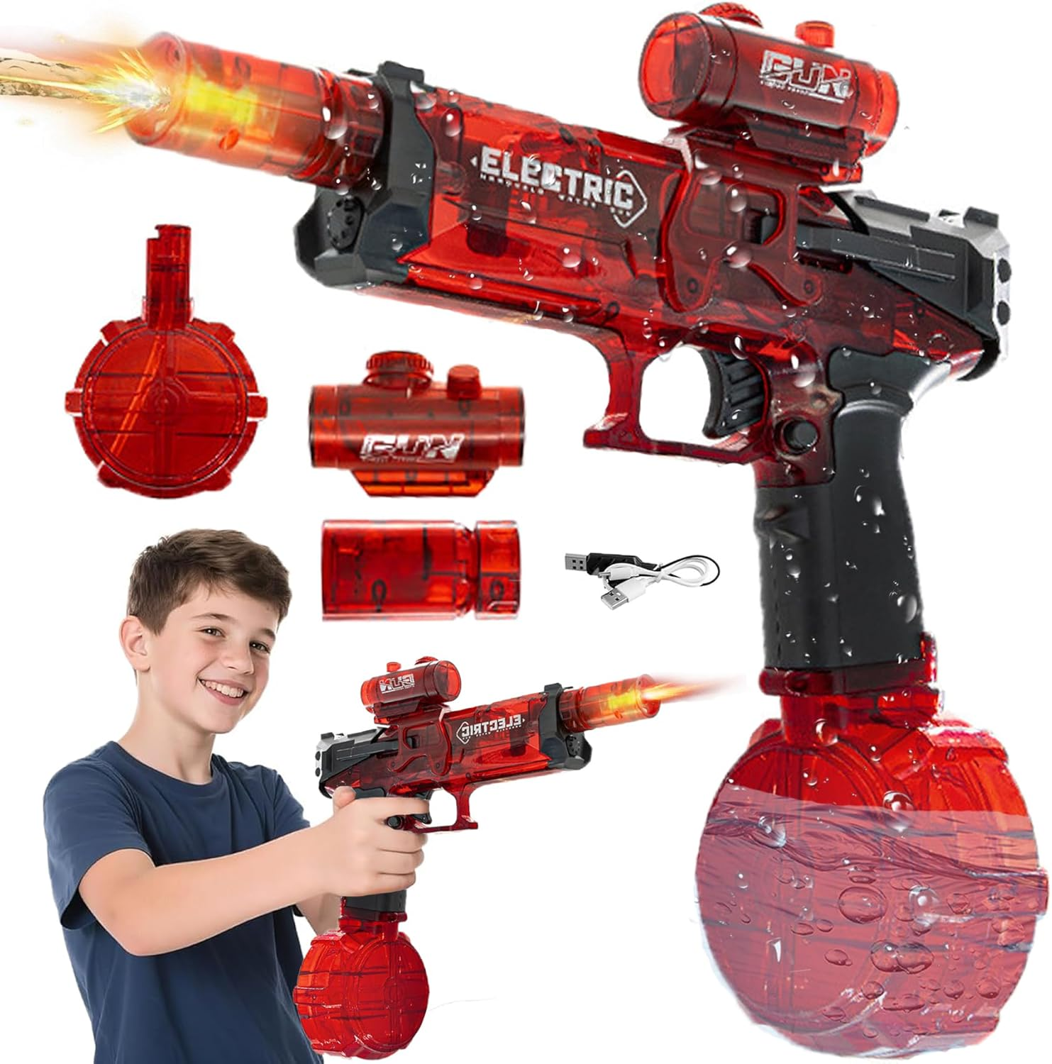 Wakouter Electric Water Gun for Adults Kids, Long Range Automatic Squirt Watergun, with Realistic Guns Muzzle Flame Rechargeable Automatic Watergun Swimming Toys for Summer Pool Beach Party (Black)