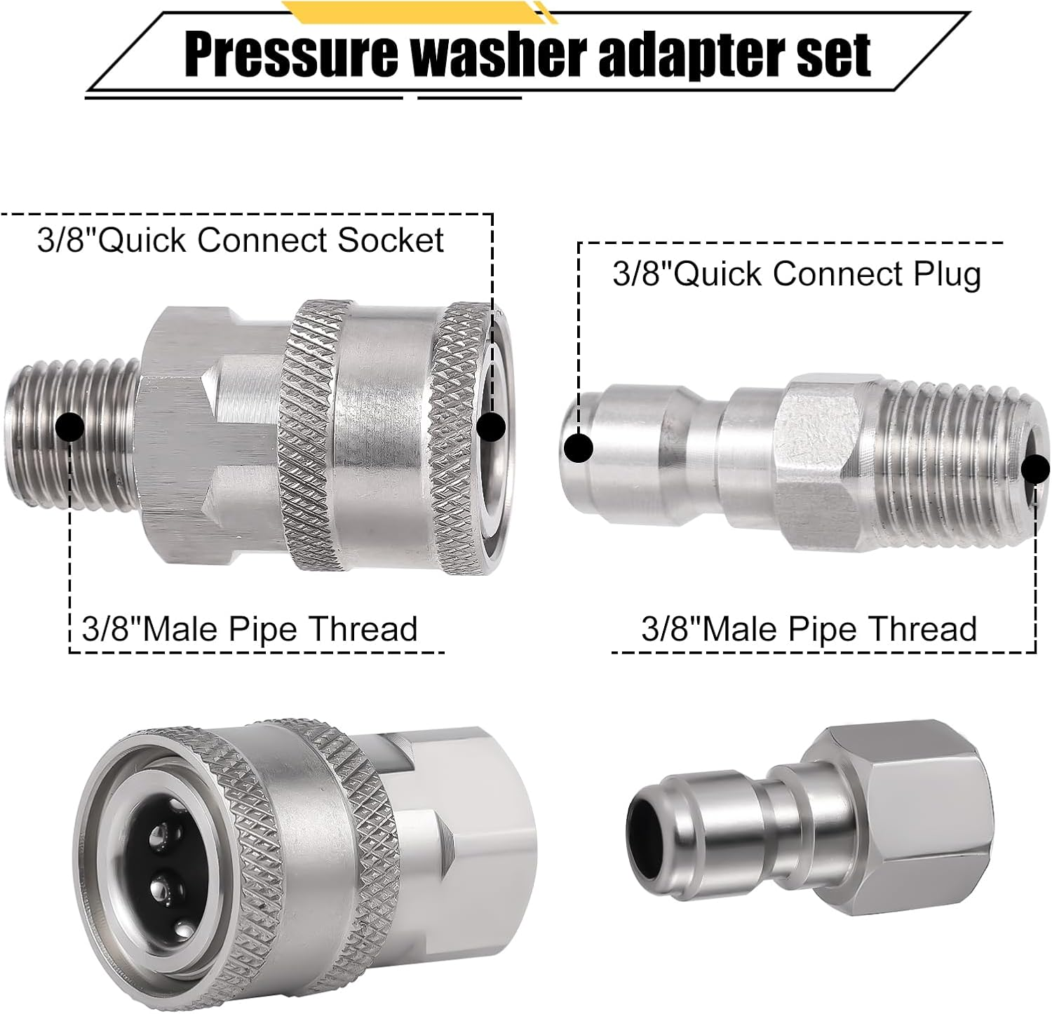 4Pcs Pressure Washer Coupler, NPT 3/8Inch Pressure Washer Fittings Stainless Steel Male and Female Quick Connector Fittings 3/8 Pressure Washer Adapter (Internal Thread, External Thread) image number 5