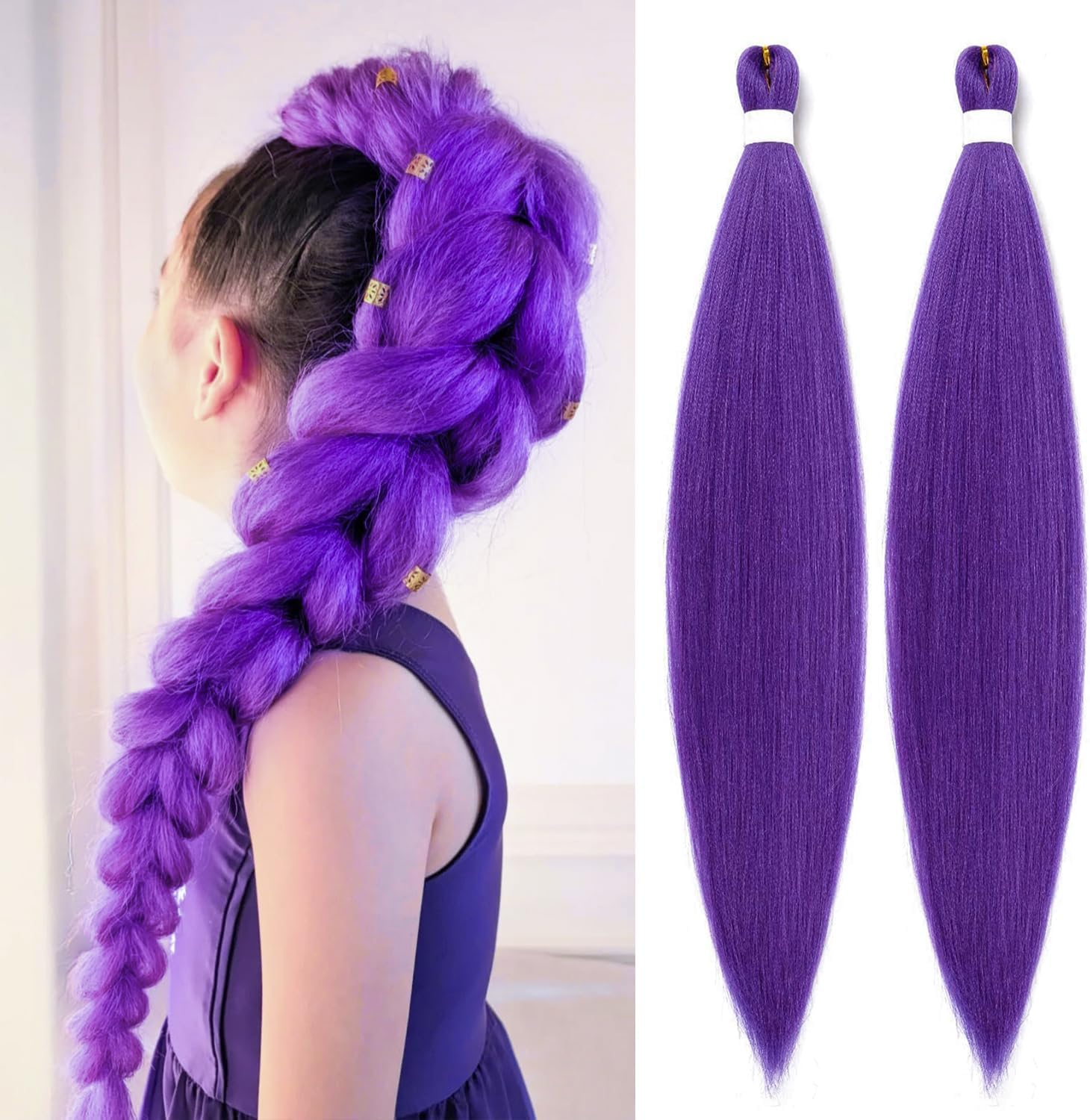 Pre-Stretched Synthetic Purple Braiding Hair Extensions for Kpop Cosplay and Halloween Costume, Pack of 2 - SZTTY (Purple, 26Inch) image number 2