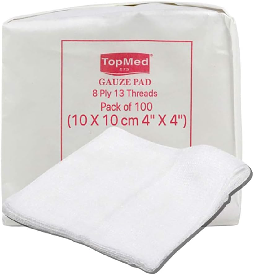 Cotton Gauze Swabs, Non-Sterile,White,8 Ply 13 Threads Pack of 100 (10 X 10 Cm 4" X 4")