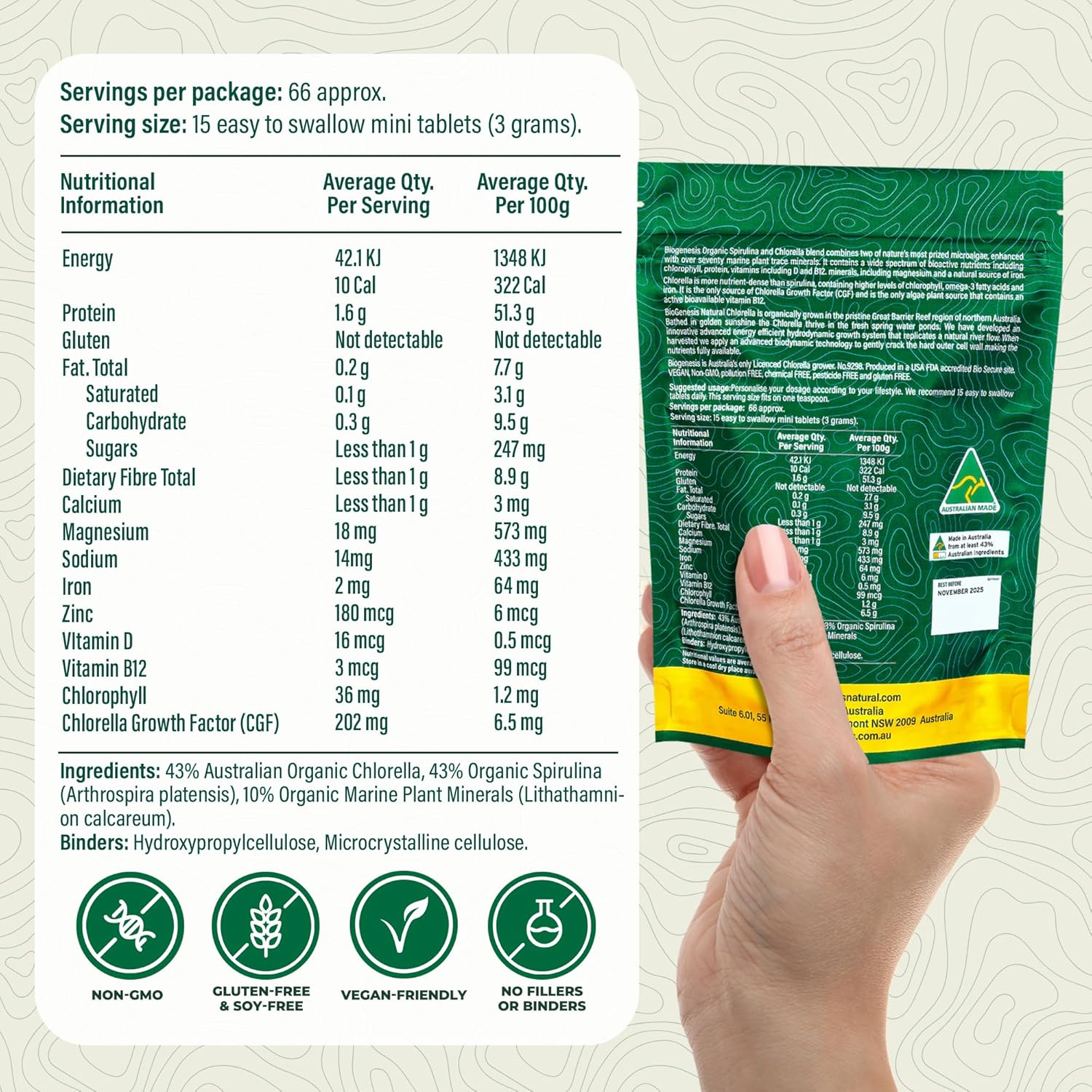 Biogenesis Spirulina & Chlorella Mini Tablets Australia | Organic Marine & Plant Animals | 1000 Vegan Mini Tablets (200Mg