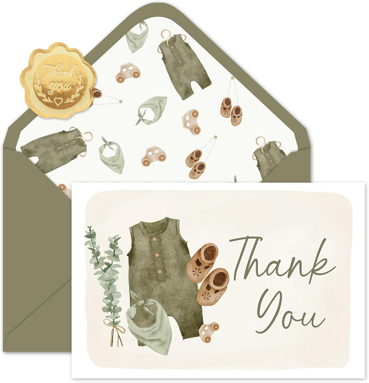 24 Pack Baby Shower Thank You Cards Green Baby Cloth Note Cards with Envelopes Stickers Greeting Blank Card for Boy Birthday Baby Shower