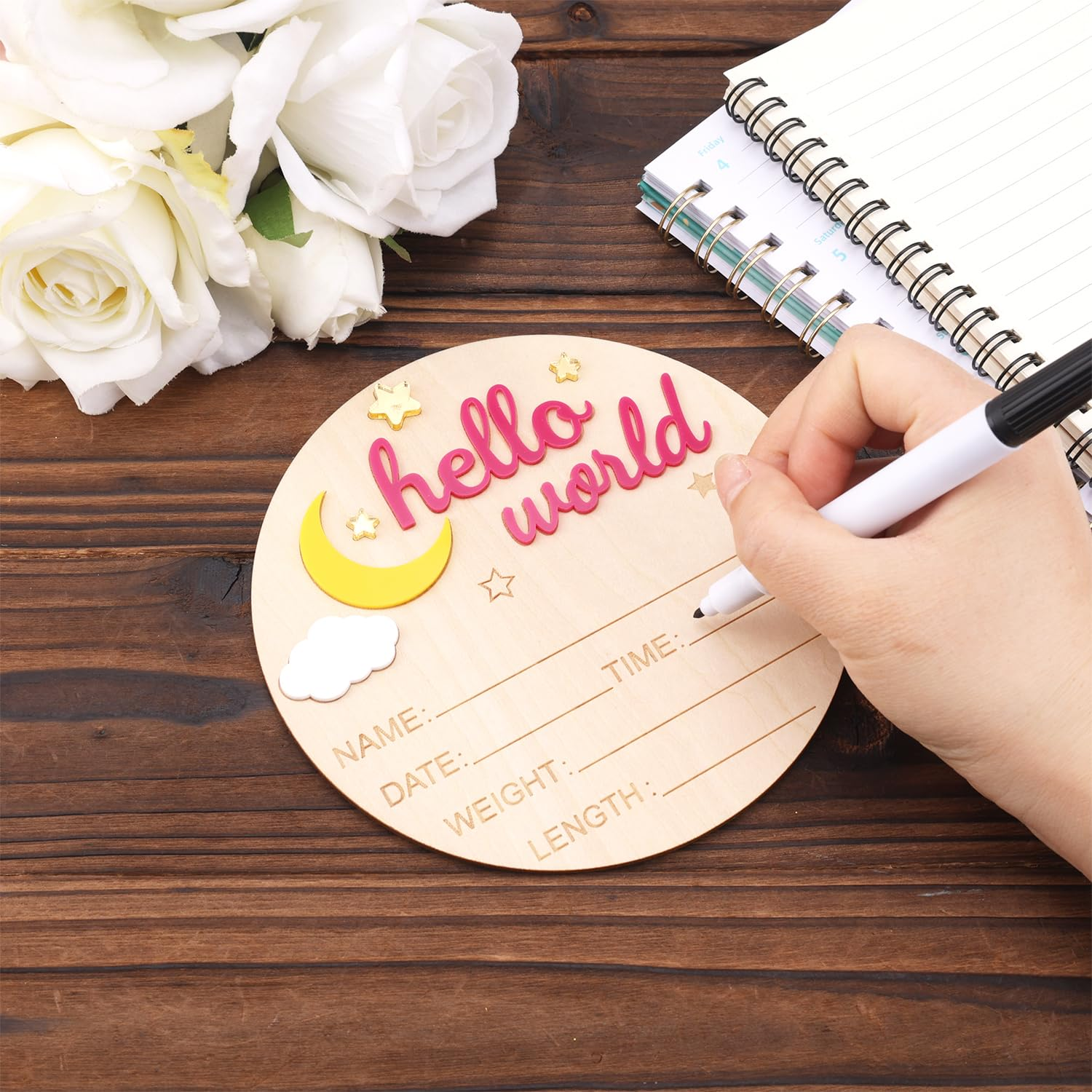 Wooden Hello World Newborn Sign, Cute Birth Announcement Board Baby Announcement Sign Newborn Welcome Sign Baby Name Plaque for Nursery Hospital Girl Boy Baby Shower Photo Props(Rose Red) image number 2