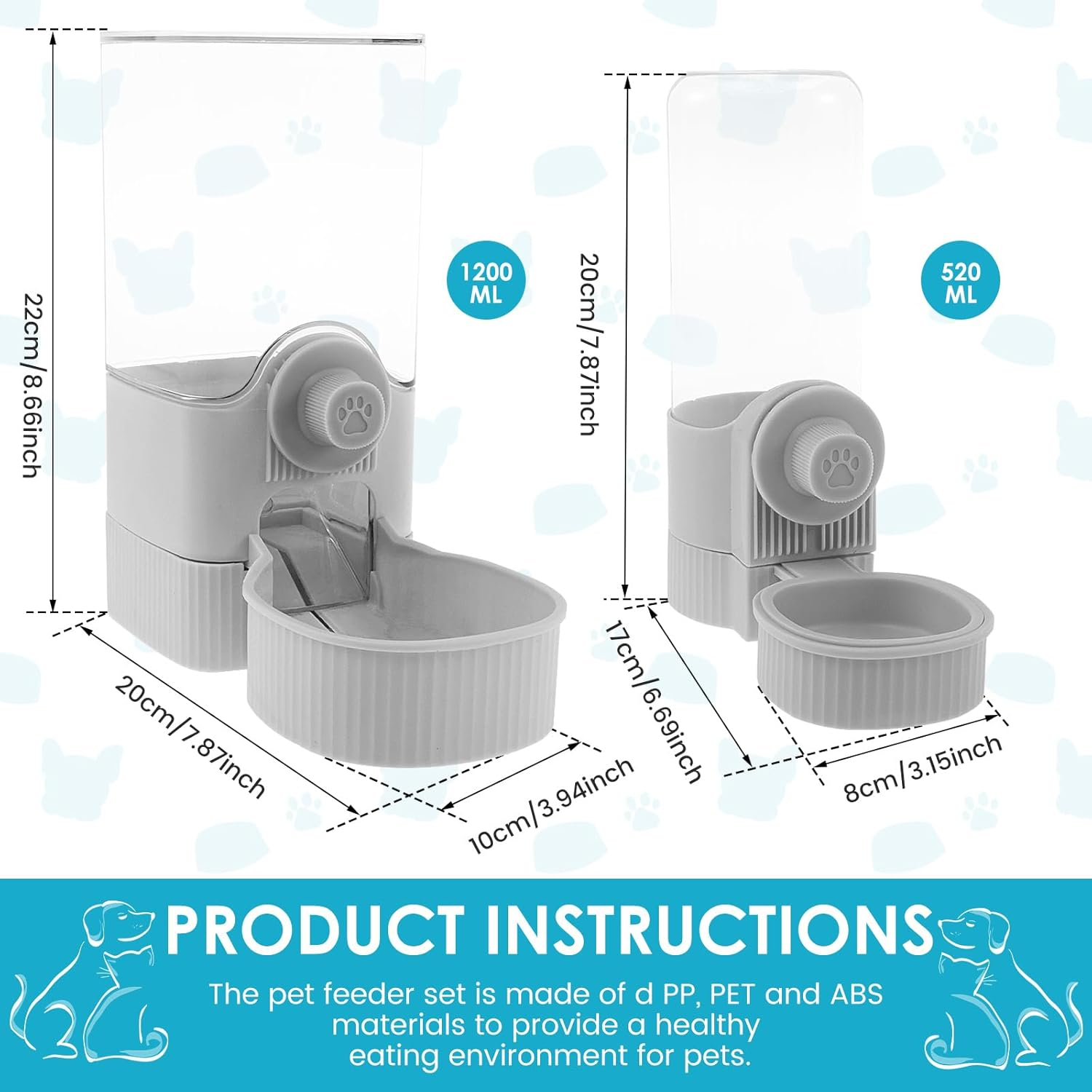 Rabbit Food Water Dispenser 520Ml Rabbit Water Dispenser 1200Ml Rabbit Food Dispenser Hanging Rabbit Water Bottle Dispenser Large Rabbit Feeder and Water Dispenser Set for Bunny Fulasun.(Style 1,Grey) - Grey image number 4