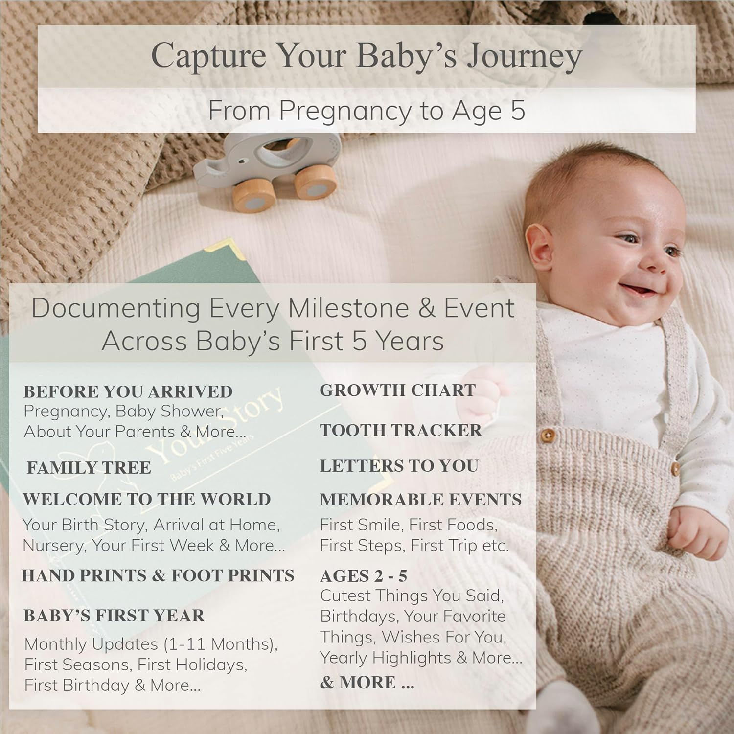 Baby Book Keepsake Boy or Girl Timeless Baby Memory Book First 5 Years for Baby Shower Gender Neutral Baby Scrapbook New Mom Gift Baby Journal from Birth to Age 5 Milestone Book Sage Green - Blush Pink image number 3