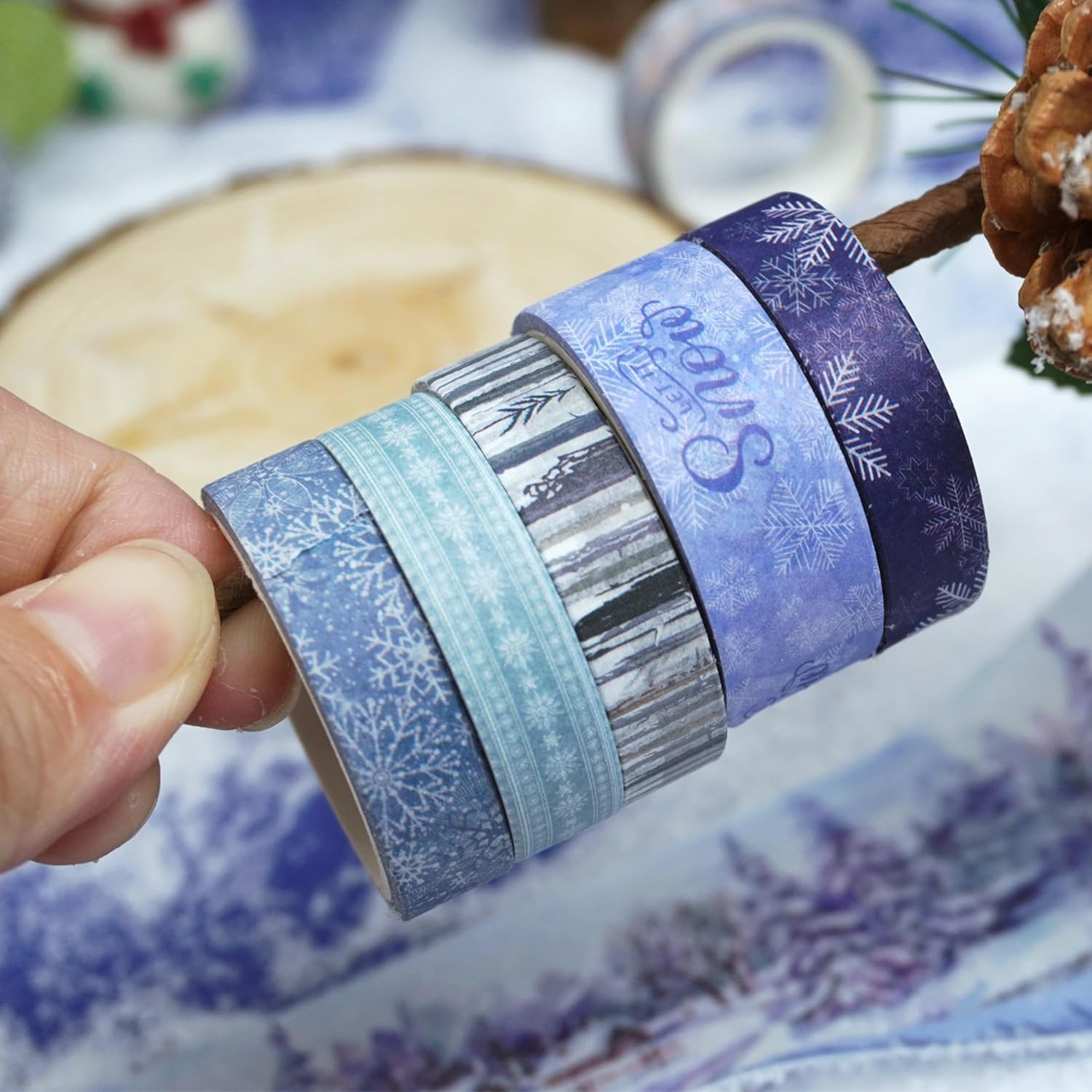 YUBX Winter Washi Tape Set 18 Rolls Landscaping Snow Embellishment Blue White Decorative Masking Tapes for Arts, DIY Crafts, Journals, Planners, Scrapbook, Wrapping image number 4