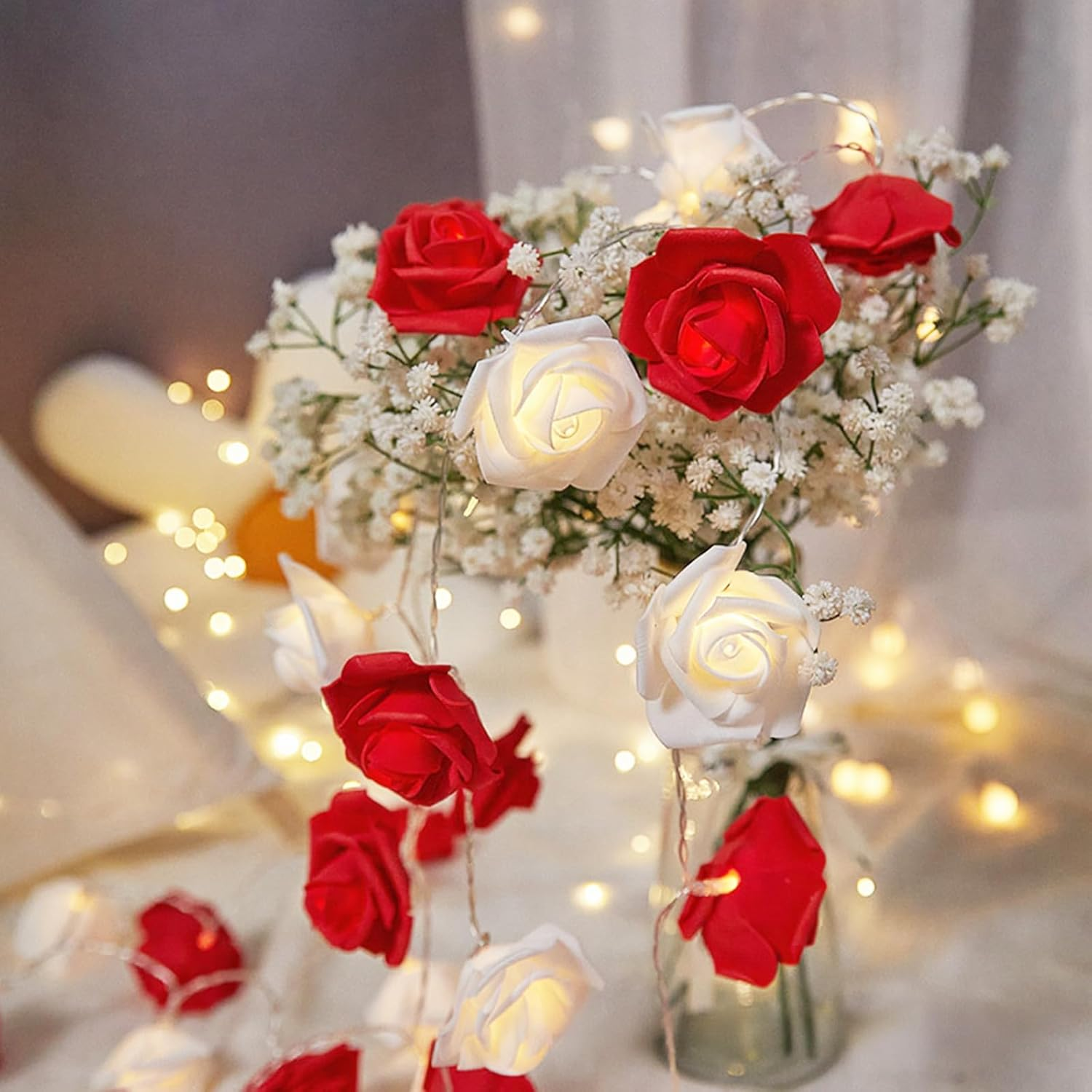 Cutitiuu Rose Flower Fairy String Lights,3.0M/30 LED Rose Fairy String Lights,Battery Powered,Bedroom Lights for Valentine'S Day Wedding Outdoor,Flower Strings Light for Wedding (Red+White)