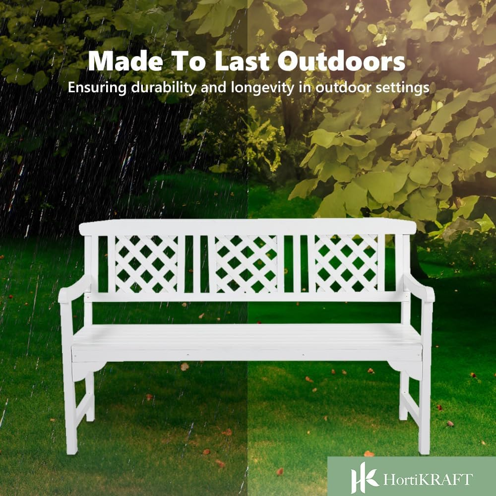 Garden Wood Bench Relax Outdoor Seating Sturdy Lounge Furniture Long Lounger with Lattice Pattern and Armrest for Patio Porch Yard Terrace Balcony Deck 144Cm Length - White