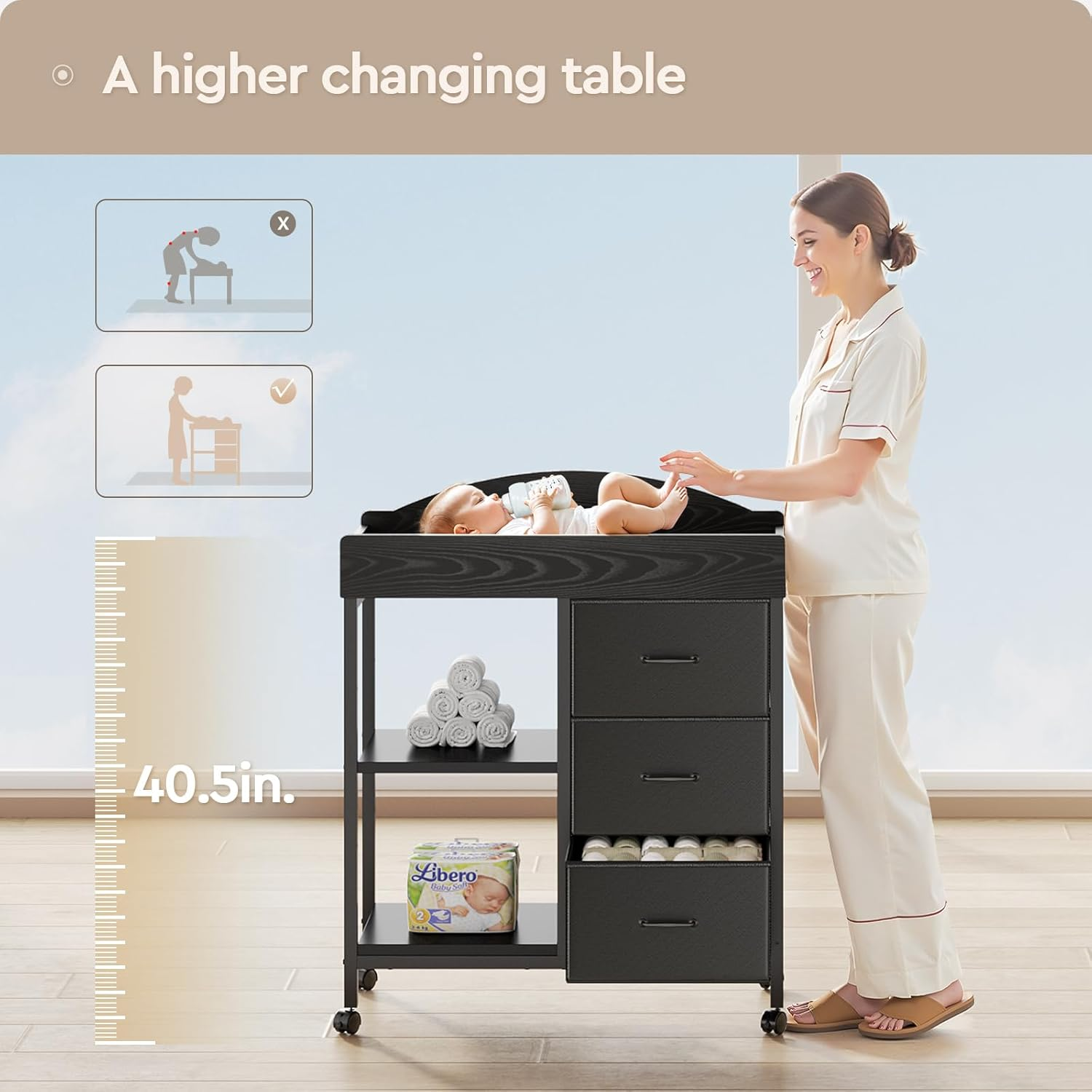 Changing Table Dresser, Baby Dresser with 3 Drawers and 2 Shelves, Multi-Functional Baby Changing Table with Pad, Classic Nursery Dresser, Diaper Changing Station for Children'S Room, Black - Lhm2 image number 6