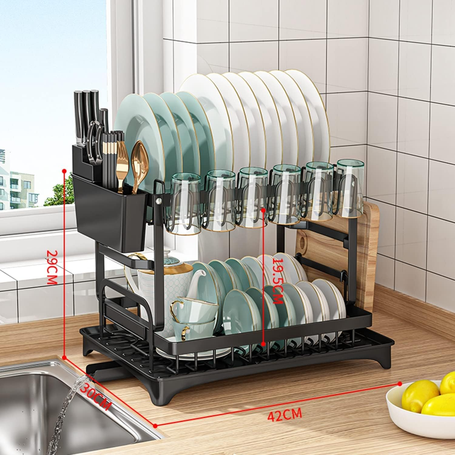 Dish Drying Rack for Kitchen Counter, 2 Tier Rustproof Dish Rack for Kitchen Countertop with Draining Board, Cutting Board Holder, Cup Holder, Cutlery Rack, Large Capacity (Black)