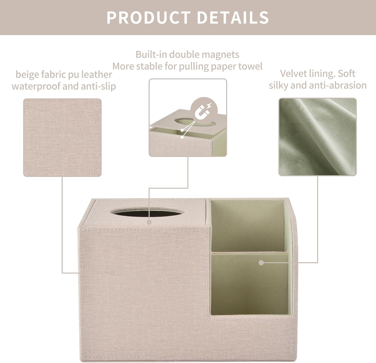 XNONE PU Leather Square Tissue Box Cover,Multifunctional Tissue Box Holder,Tissue Box with Storage,Tissue and Remote Control Holder,Tissue Box Decorative Desk Organizer for Home&Office,Beige - Black image number 4