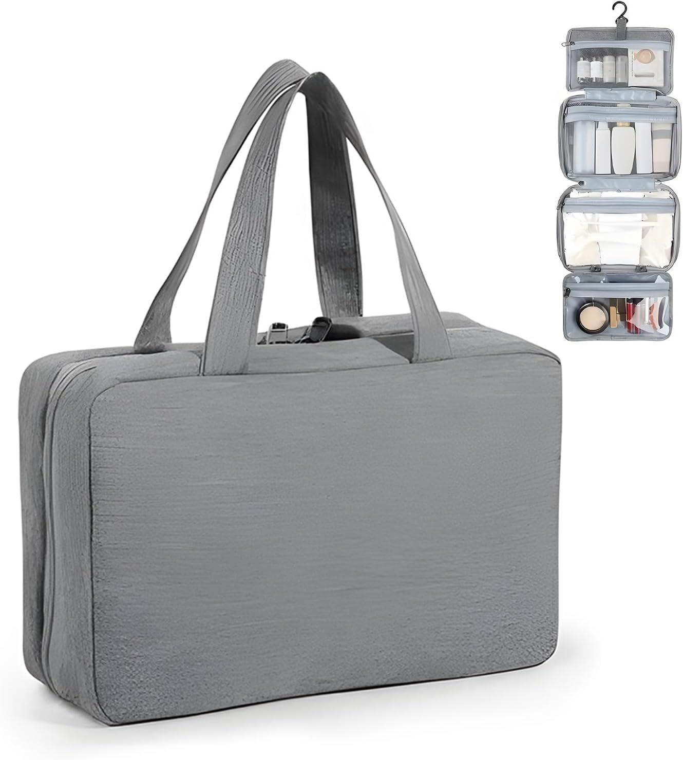 Travel Toiletry Bag with Hanging Hook - Spacious Makeup Organizer,Travel Essentials for Women & Men,Big Comparment, Waterproof for Shampoo, Conditioner, Brushes Set, Makeup Accessories, Grey image number 6