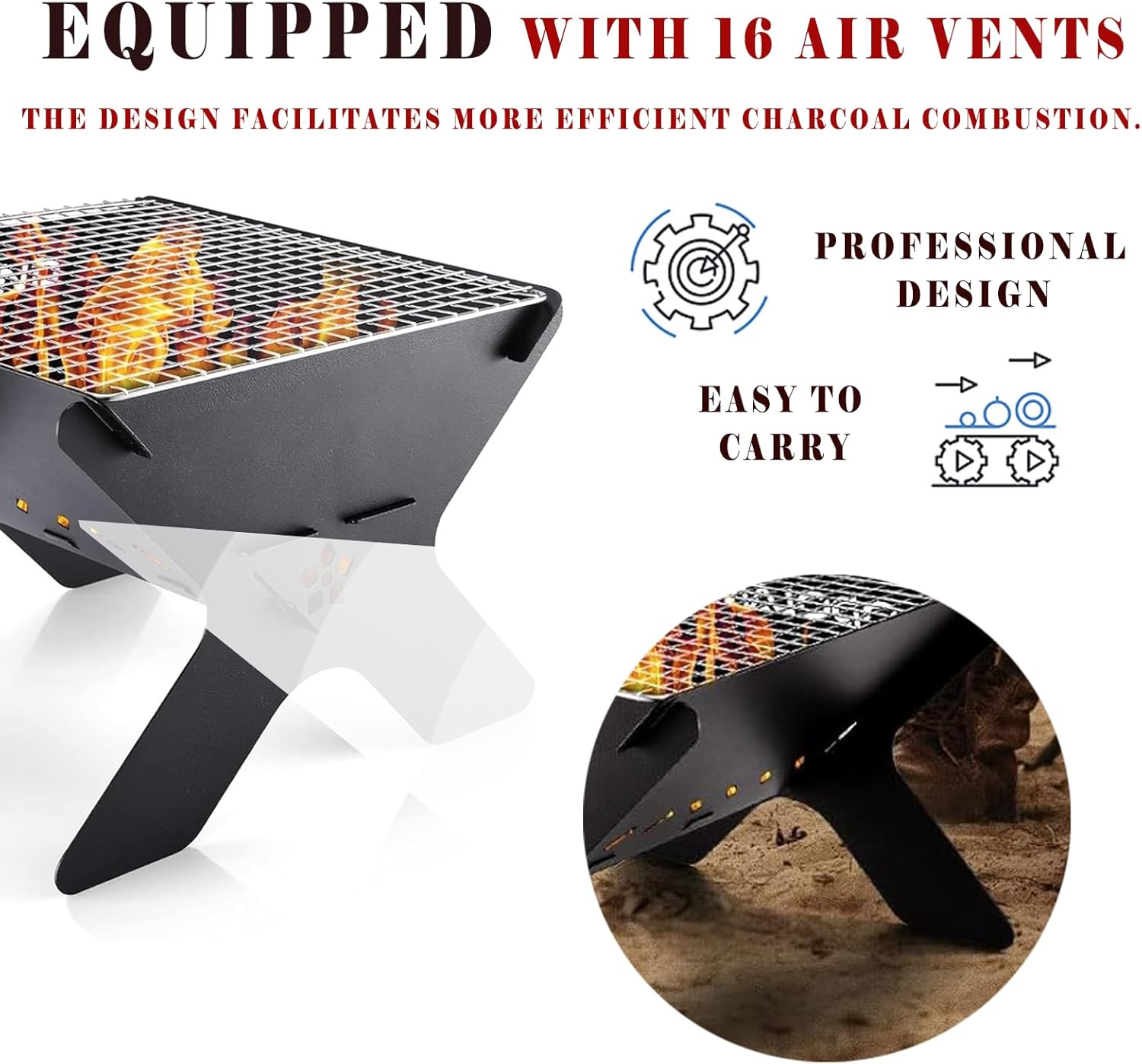 Folding Coal Grill - Compact Outdoor Fire Pit BBQ with Carry Case, Ideal for Camp Cooking, Backyard, Bonfires & Patio image number 3