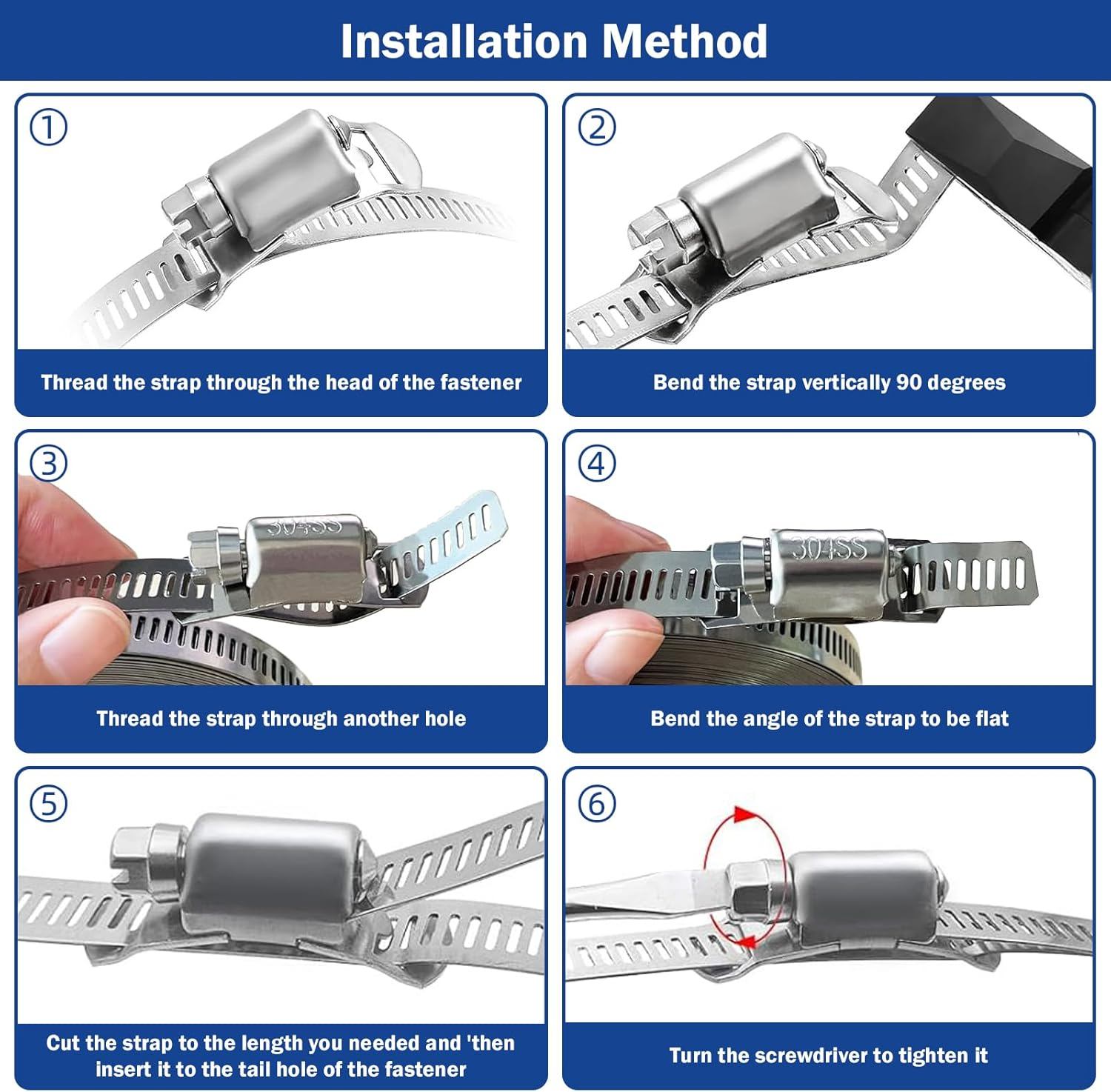 Hose Clamp Set, 4M Heavy Duty Metal Strapping with Holes & 8 Fasteners, Large Adjustable Worm Gear Hose Clamps Stainless Steel Pipe Clamps, Band Clamp for Automotive, Mechanical Applications (1+8) image number 6