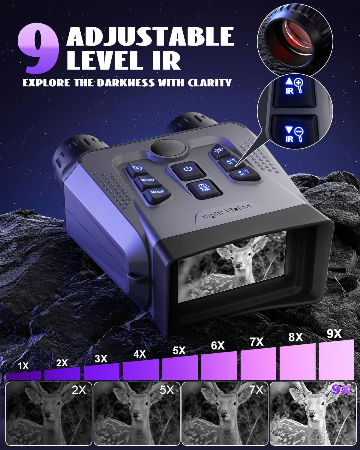 Night Vision Goggles, 4K Night Vision Binoculars for Adults High Powered, 3.0&rdquo; HD Night Vision Camera Infrared Goggles Scope and Day for Camping & Outdoor with 32GB TF Card, 10X Digital Zoom & 9 IR image number 2