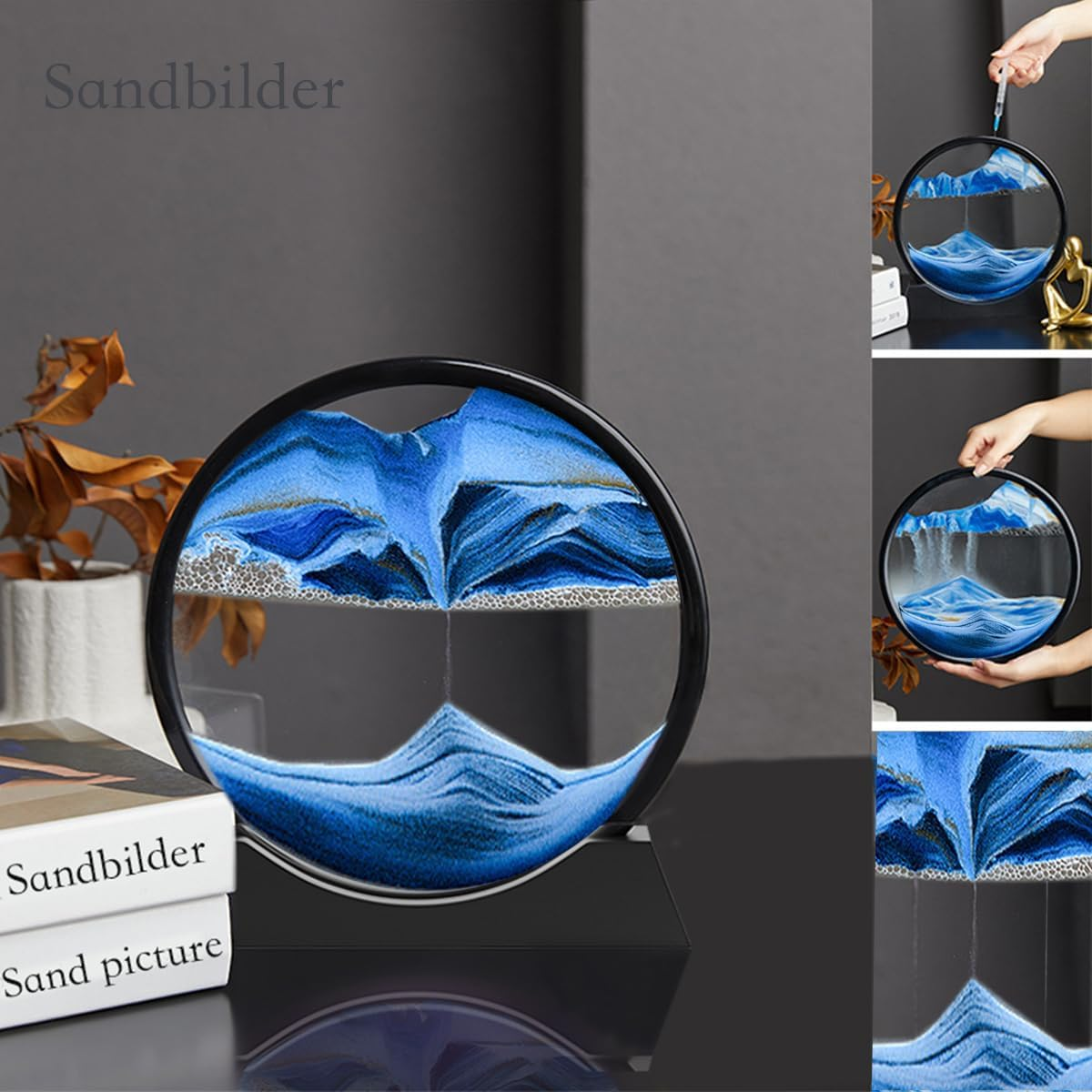 Sandbilder-Moving Sand Art Decor, Falling Sand Art Picture in Motion, 3D Deep Sea Sandscape, Flowing Sand Relaxing Toy, Rotating Sand Display for Desktop Office Home(Blue, 12") image number 4