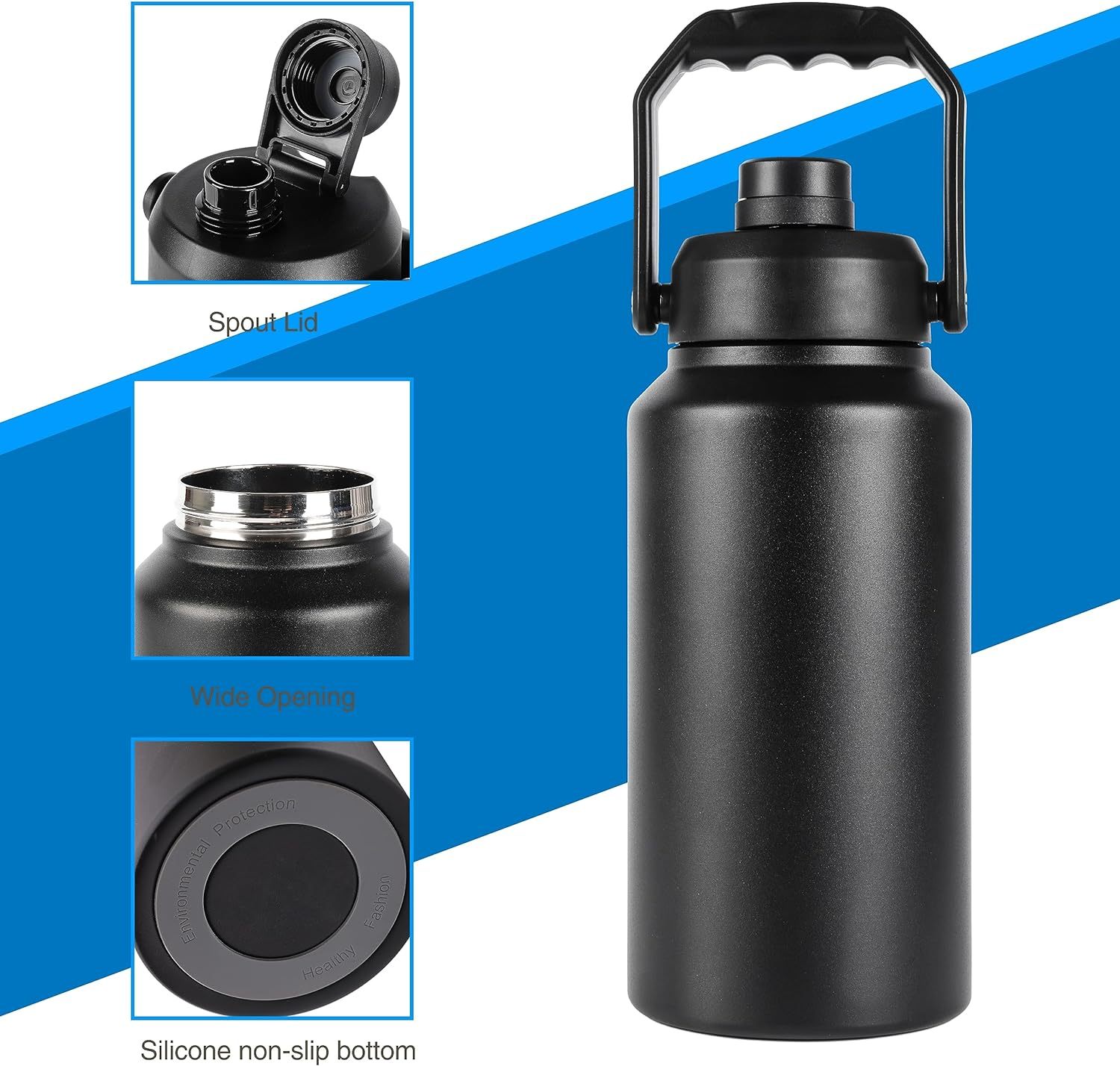 3L Insulated Water Bottle, Large 3 Litre Stainless Steel Water Bottle, Drink Bottle -Black- Double Wall Vacuum Insulated Bottles with Carry Handle - Keeps Drinks Hot or Cold for 12Hrs - for Gym, Camp image number 1