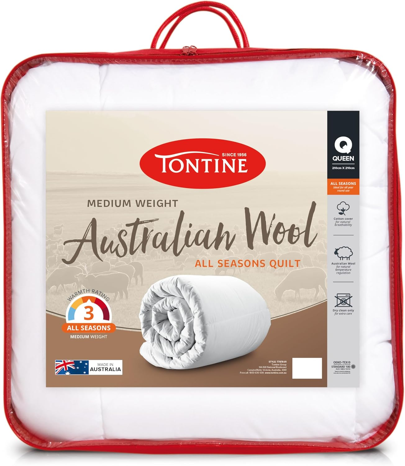Tontine Medium Weight Australian Wool All Seasons Quilt, Single &ndash; Natural Cotton Cover for Breathability &ndash; Wool Fill Resists Dust Mites &ndash; Ideal for Asthma & Allergies