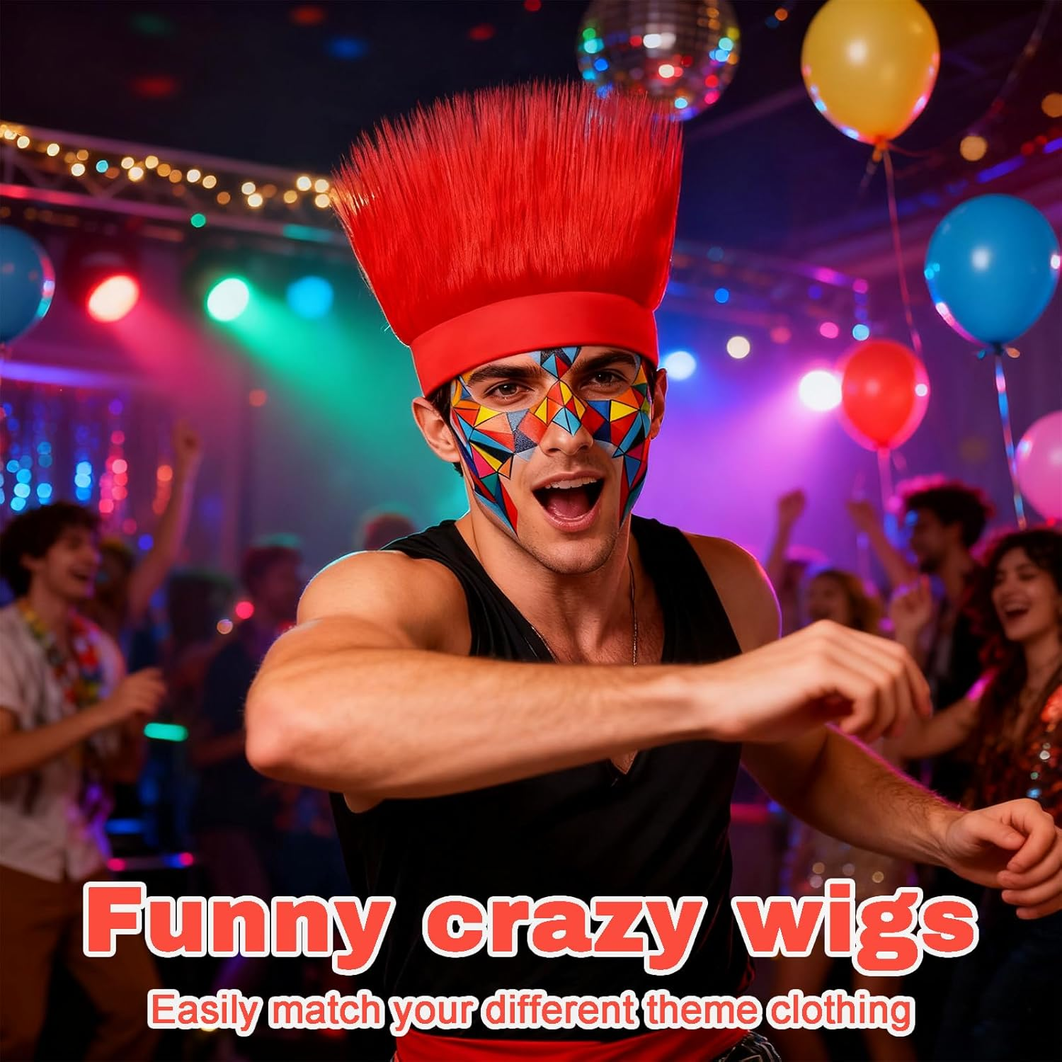 Funny Wig, Kids Wig for Crazy Hair Day - Perfect for Kids, Teens and Adults, Ideal for Sports Parties, Costume, Cosplay, and Halloween (Red) - Blue image number 6