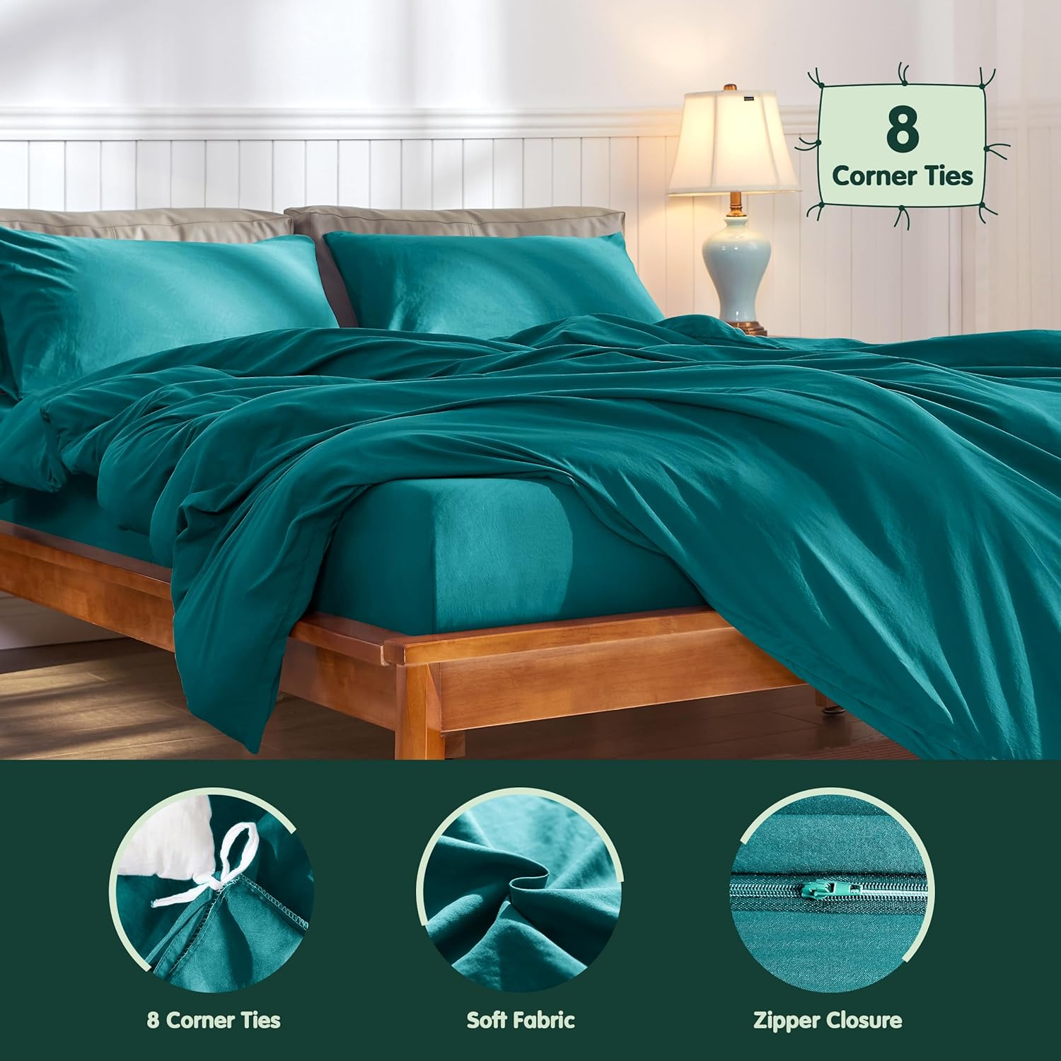 CHUN YI Kingsize Duvet Cover Sets, 100% Washed Microfiber Plain Bedding Duvet Covers Set with Zipper Closure & 8 Corner Ties, Breathable & Ultra Soft Duvet Cover with Pillowcases (Teal Green, King) image number 6